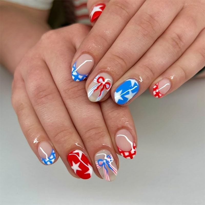 24Pcs 4th of July Press on Nails Short Almond 250th Anniversary Style03