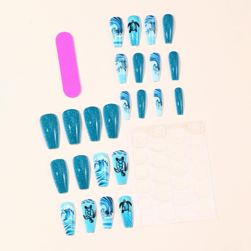 Ocean Turtle Press on Nails, Blue Glitter Coffin Fake Nails for Summer Vacation