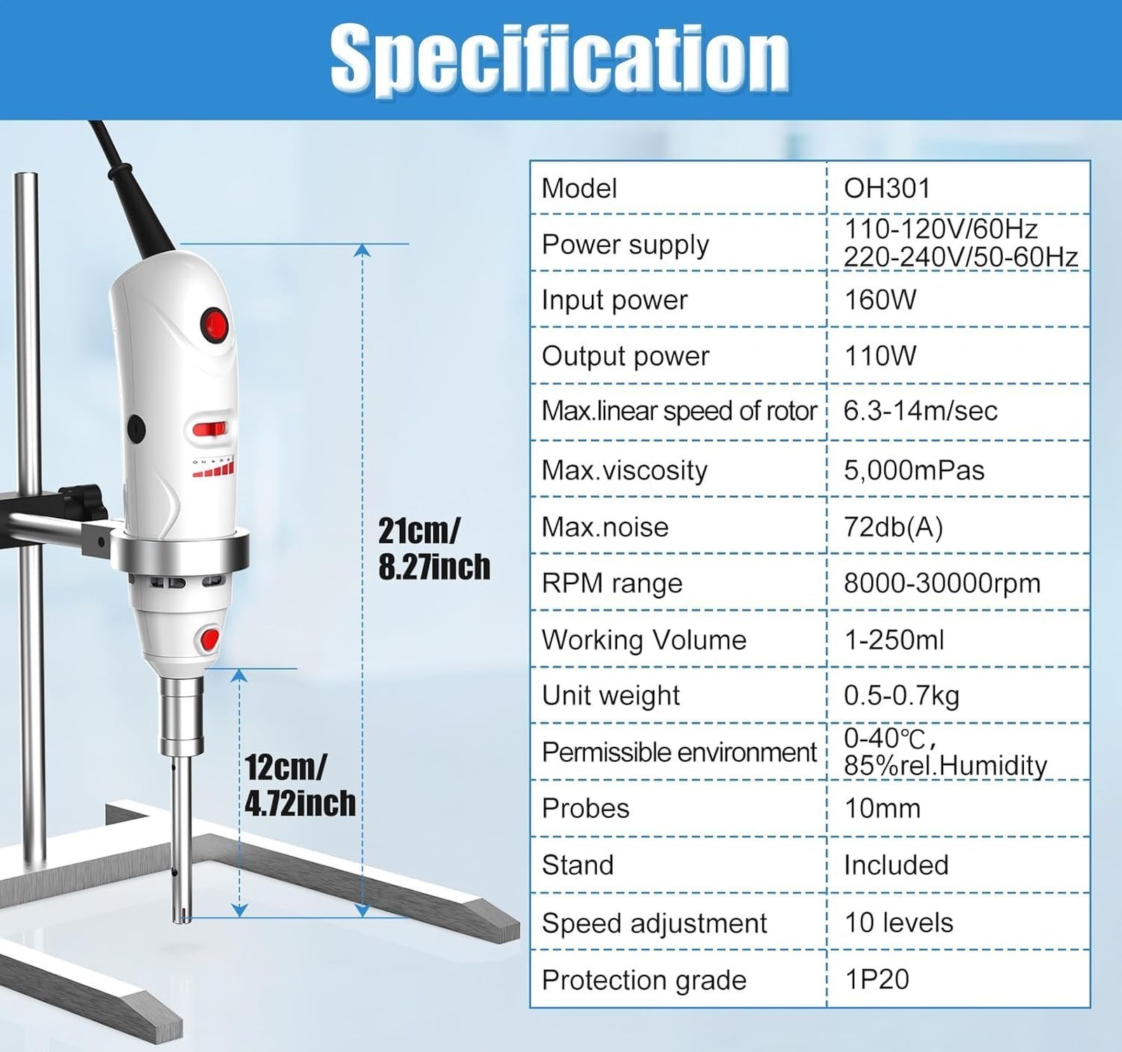 FOUR E’S SCIENTIFIC Lab Homogenizer 8000-30000rpm with Stand, High-Speed Hand…