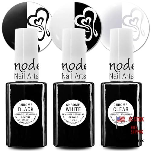 0.33 Fl Oz (Pack of 3) Chrome BLACK + WHITE + CLEAR Stamping Polishes Semi-Gel