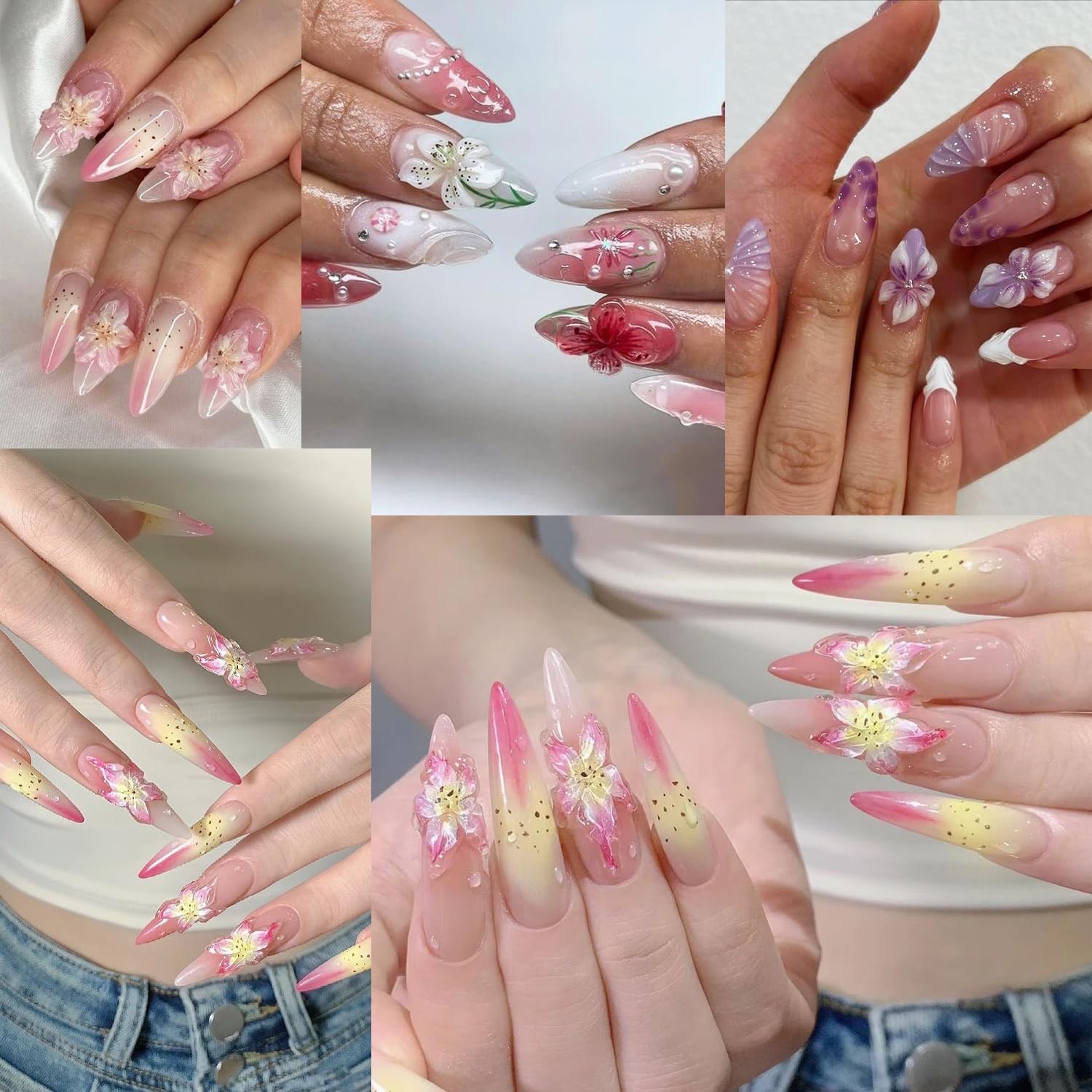 3 Sheets 5D Embossed Flower Nail Stickers Purple Sheet, Pink and Green