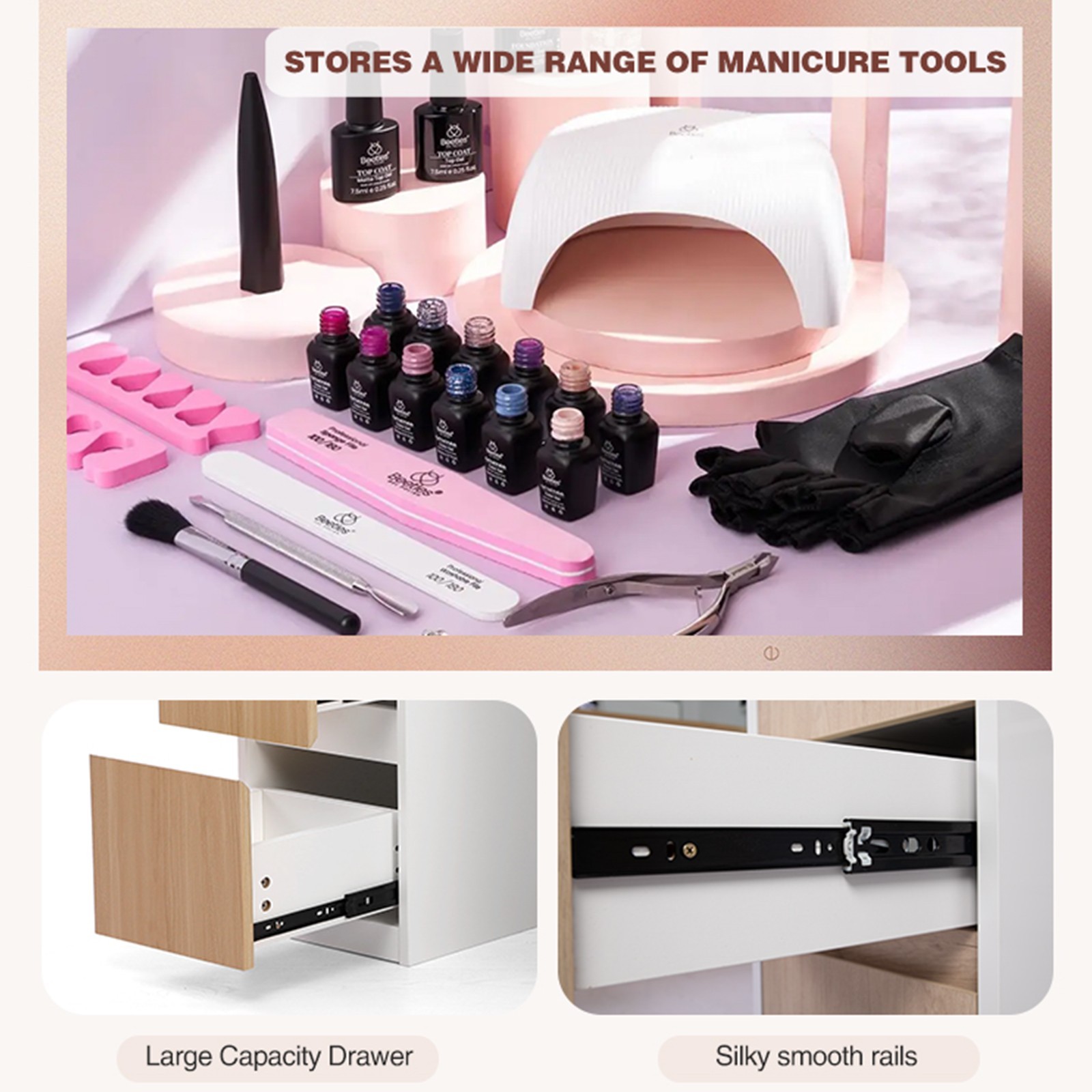Lucca Manicure Table Nail Desk work station with double storage Nail tech desk