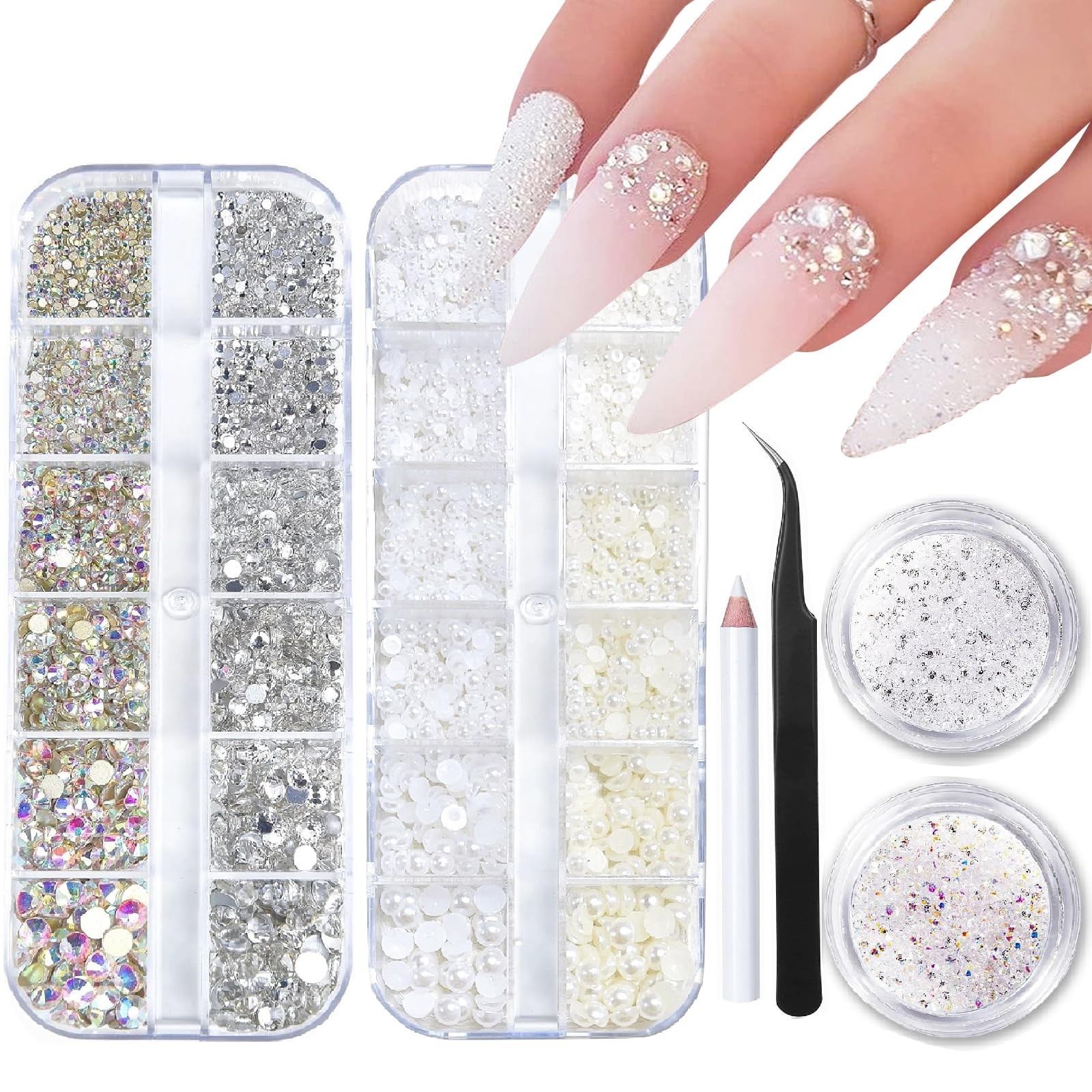 4 Boxes Nail Art Rhinestones Flatback Rhinestones Pearls Nail Charms for Acry…