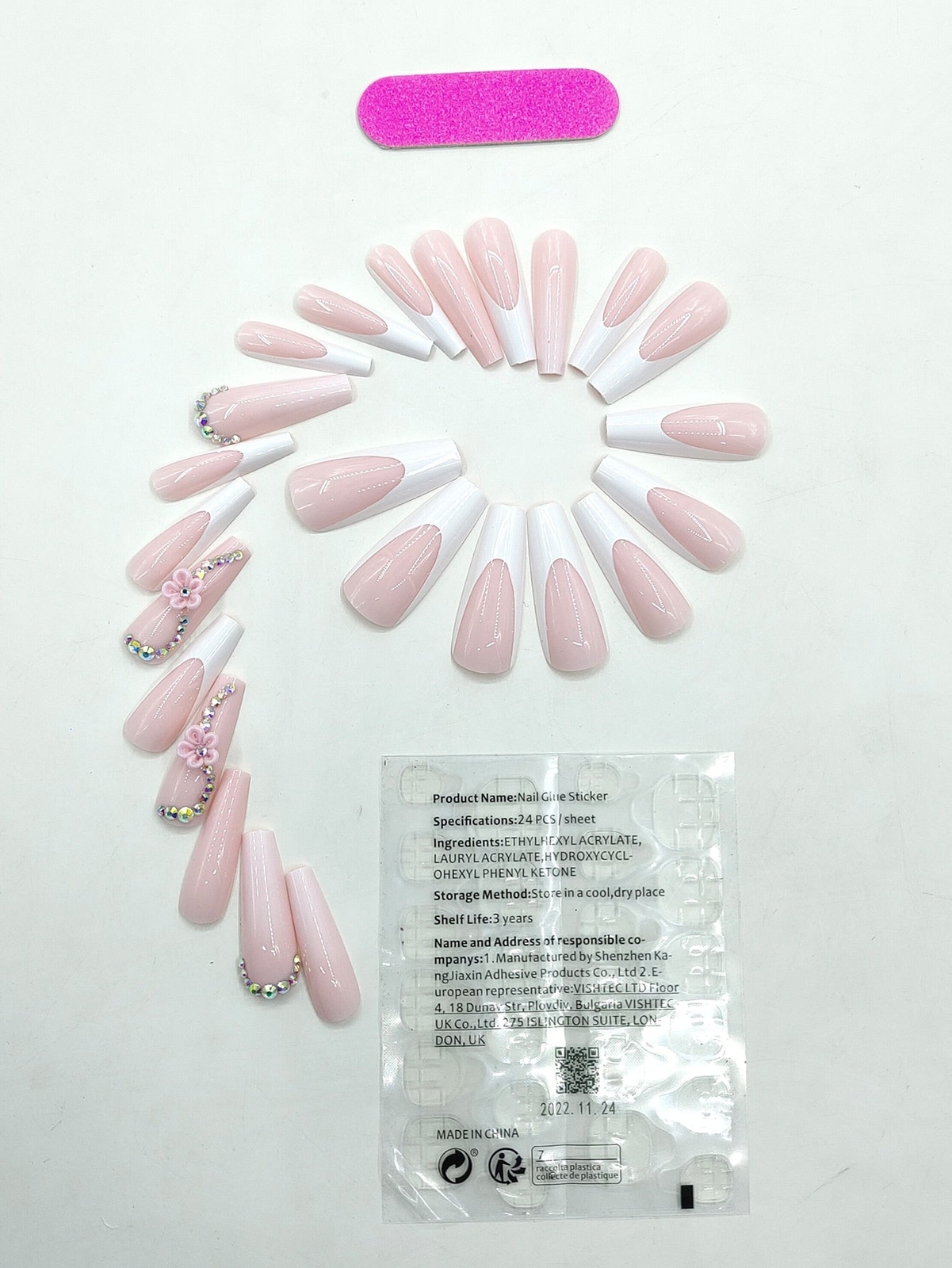 24pcs Long Coffin White French Ombre Rhinestone Flower Fake Nail Press On Nails