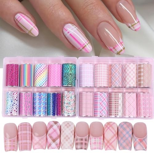 Nail Foils Transfer Nail Art 20 Rolls Pink Plaid Nail Art Foils Checkerboard