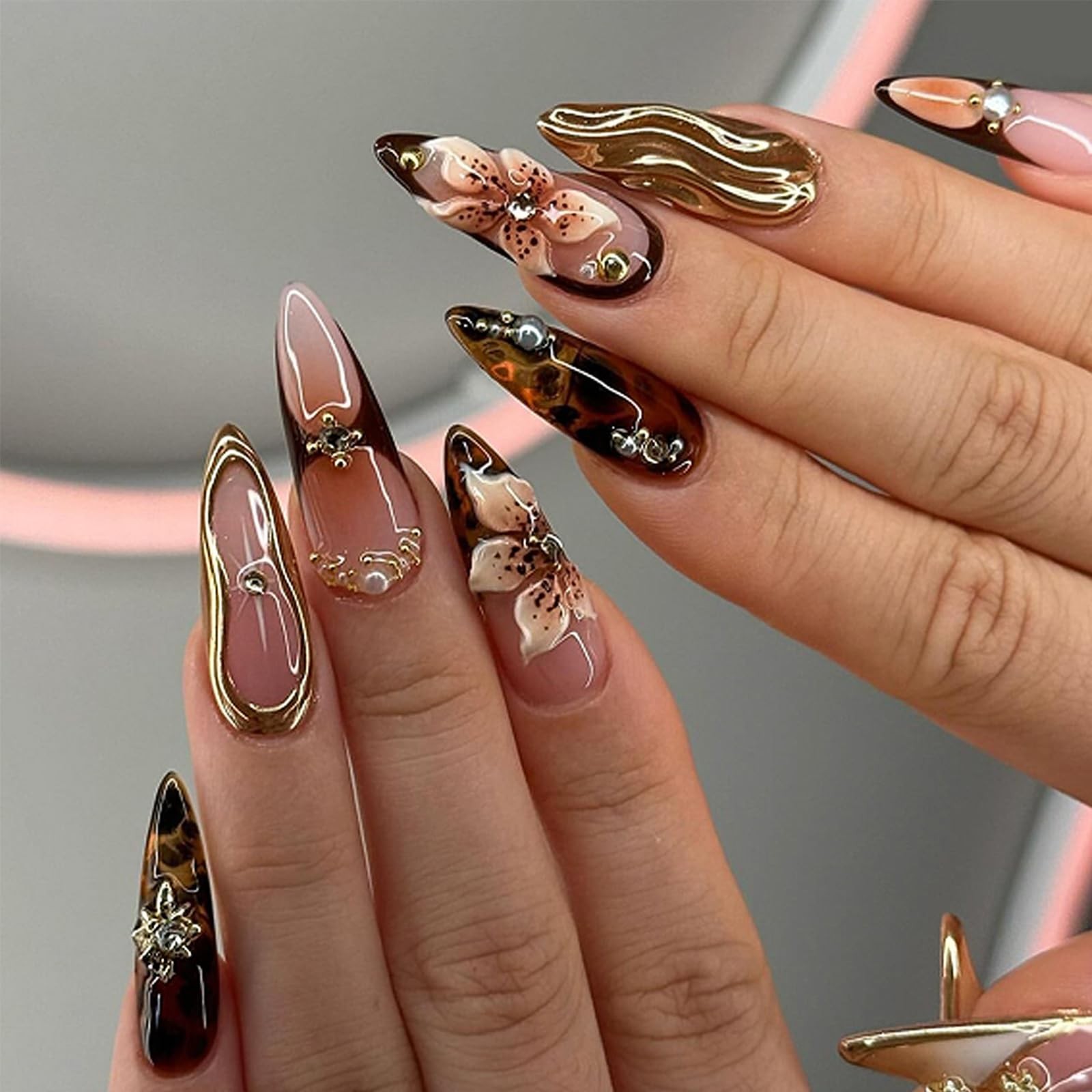 Almond Press on Nails Medium French Tip Fake Nails with Spring Flower Design …