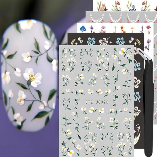5pcs Flower Nail Stickers With Tweezers, Mini Jasmine Rose Hibiscus Wildflower