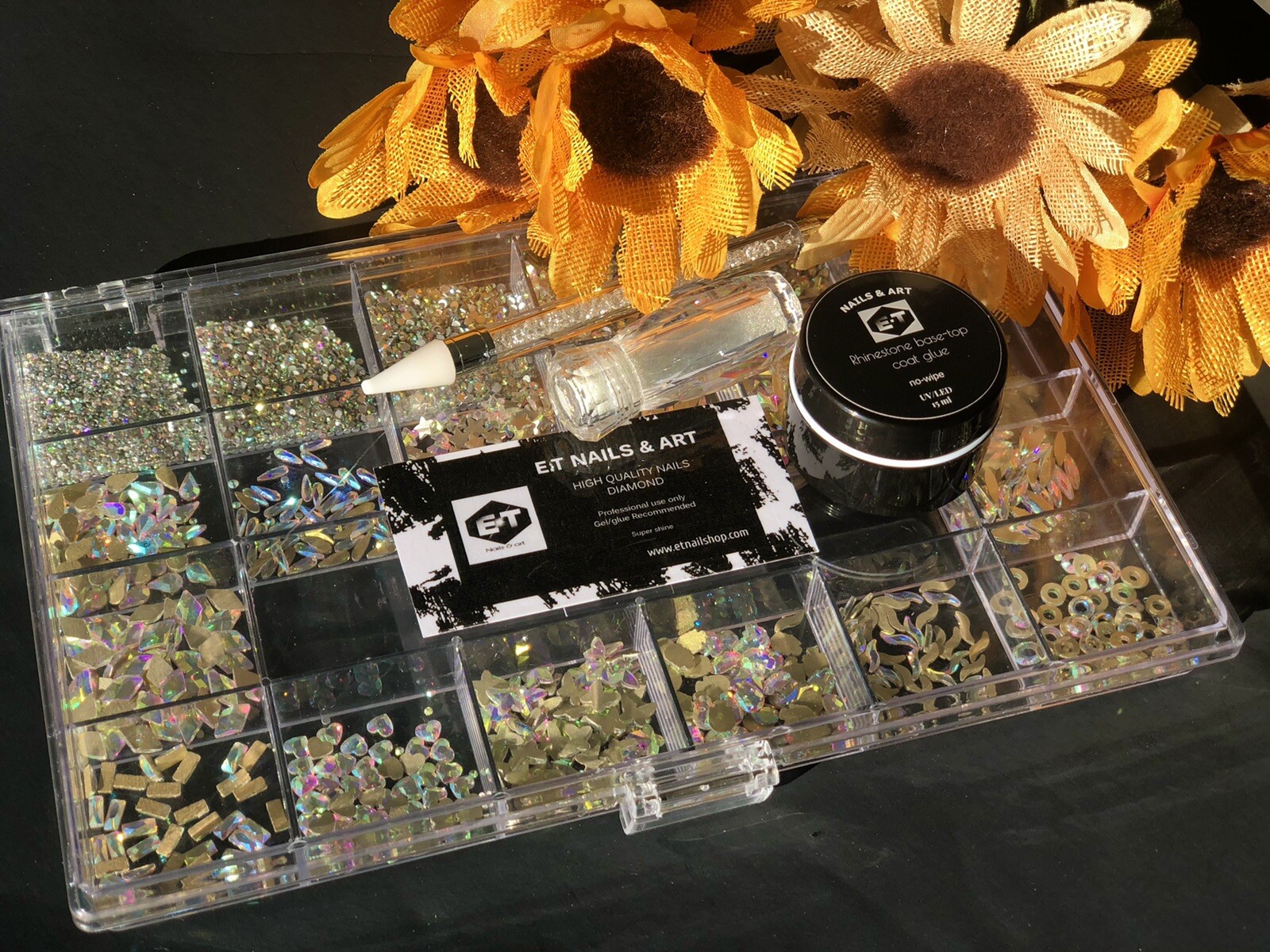 BIG HIGH QUALITY RHINESTONE BOX KIT, SUPER SHINE, 21 GRID BOX & GEL GLUE