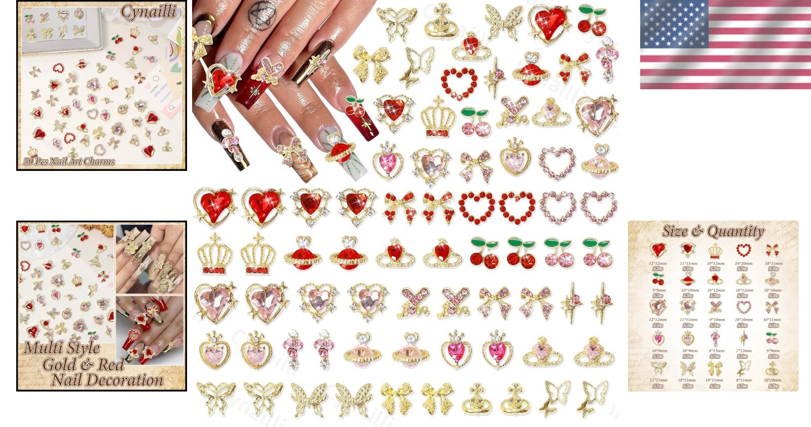1 Pack of 50 Pcs Fusiform Gold Nail Charms Nail Art Kit 3D Nail Charms Nail Gems