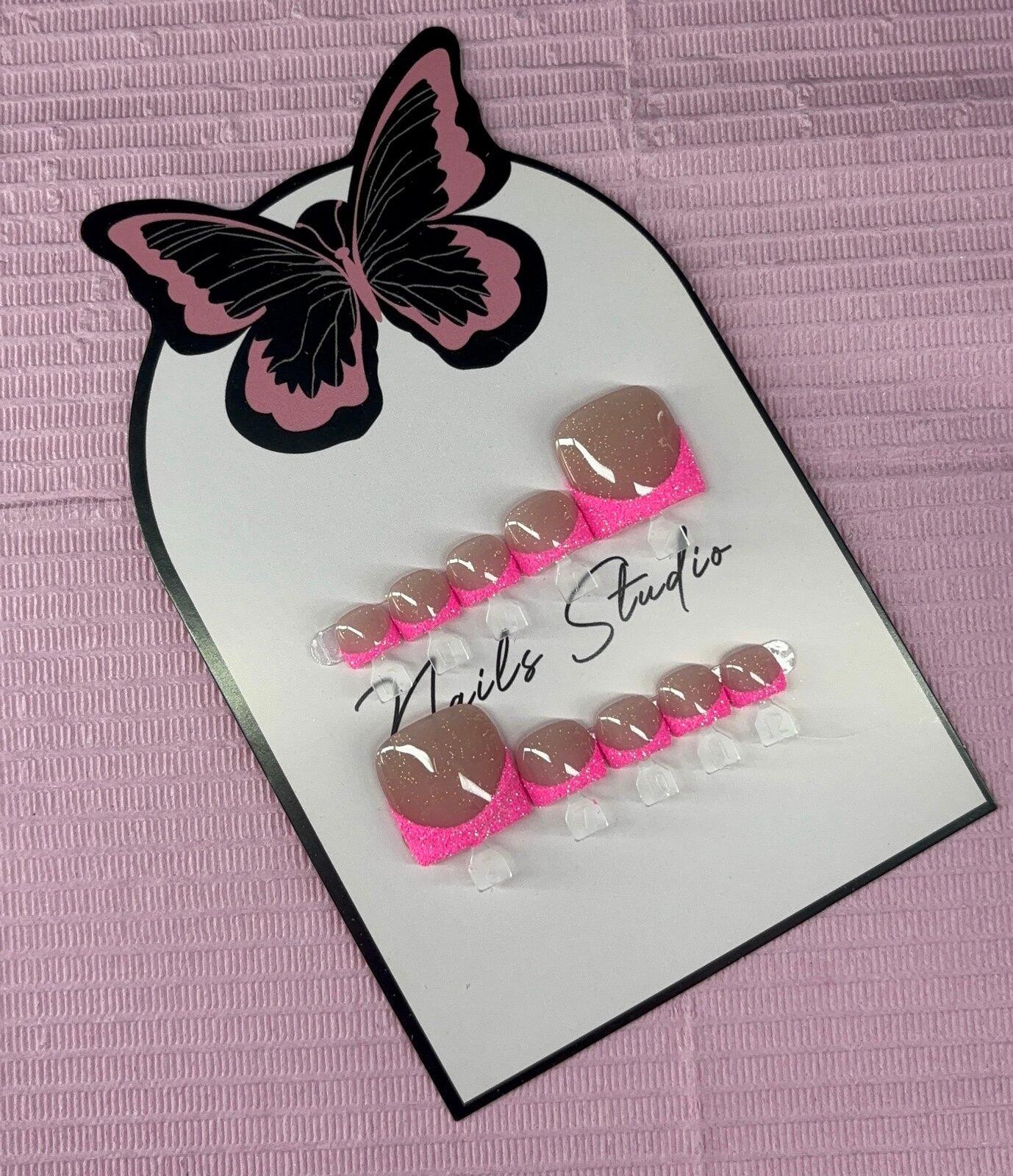 Press on toenails pink glitter French tips handmade custom builder gel nude