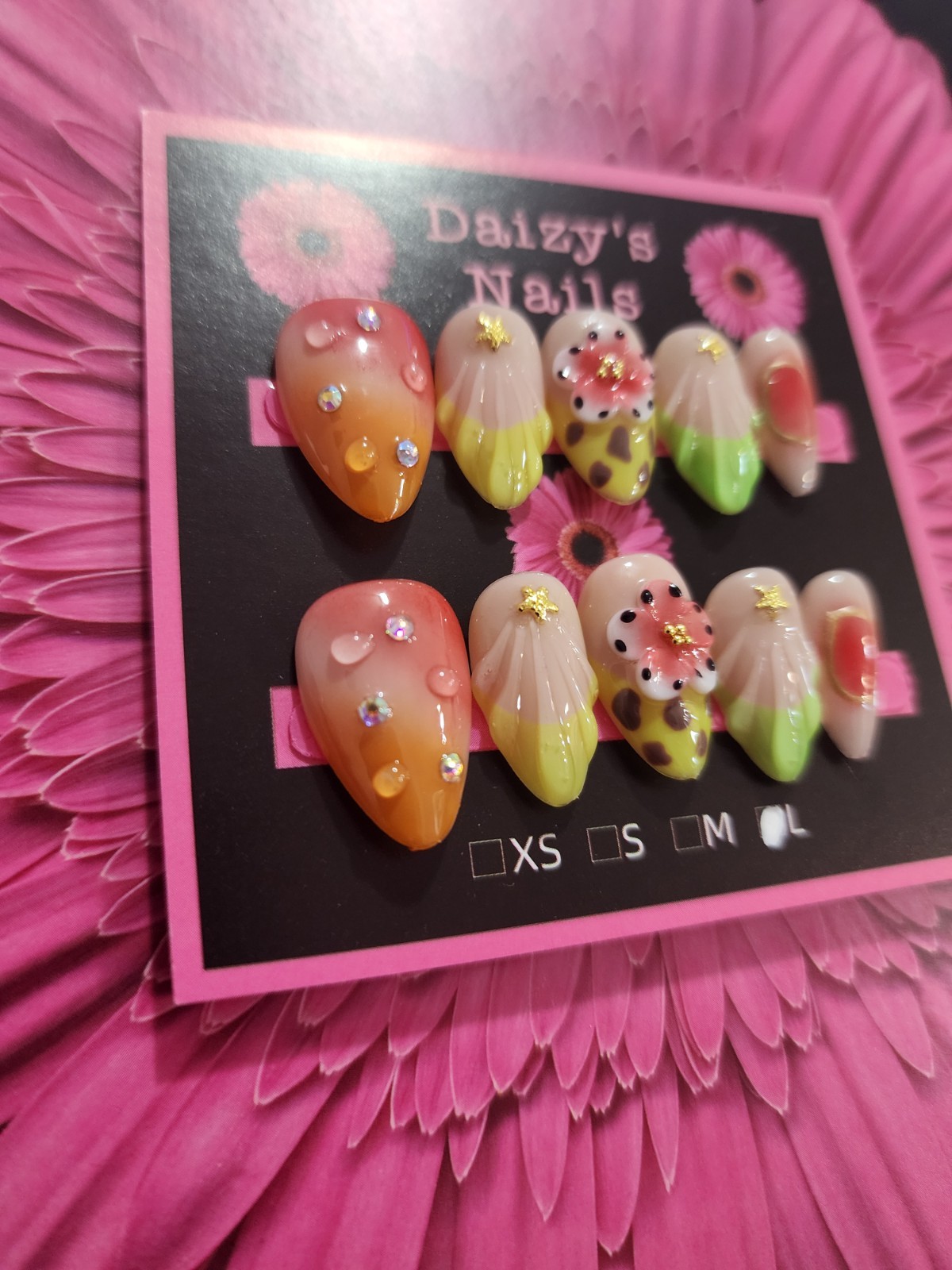 Large Size Green Tropical Neon Press-on Nail Set Handmade Almond 2.0 Cm Length