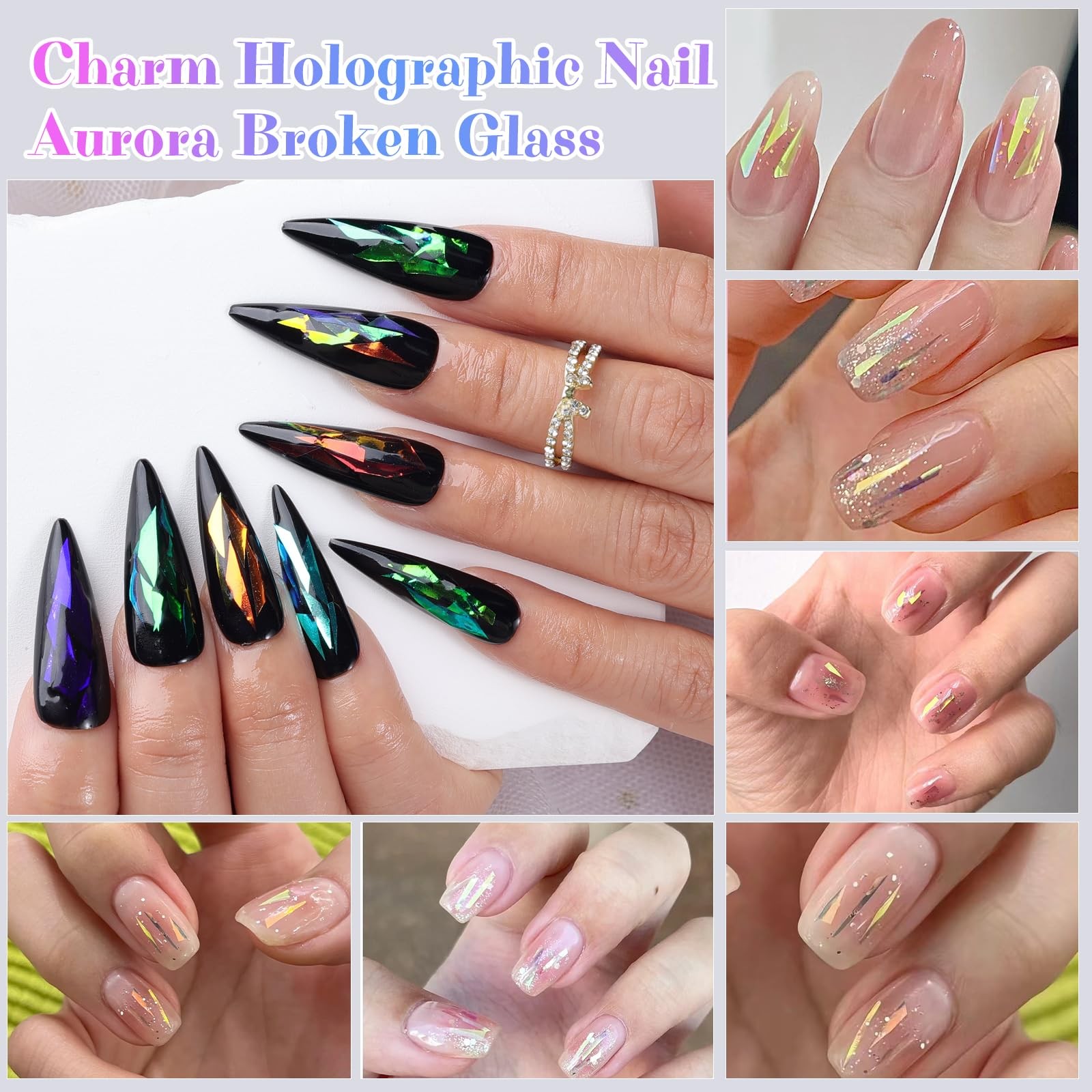 Aurora Glass Paper Nail Art Sticker 10 Sheets Gradient Laser Broken Glass Paper