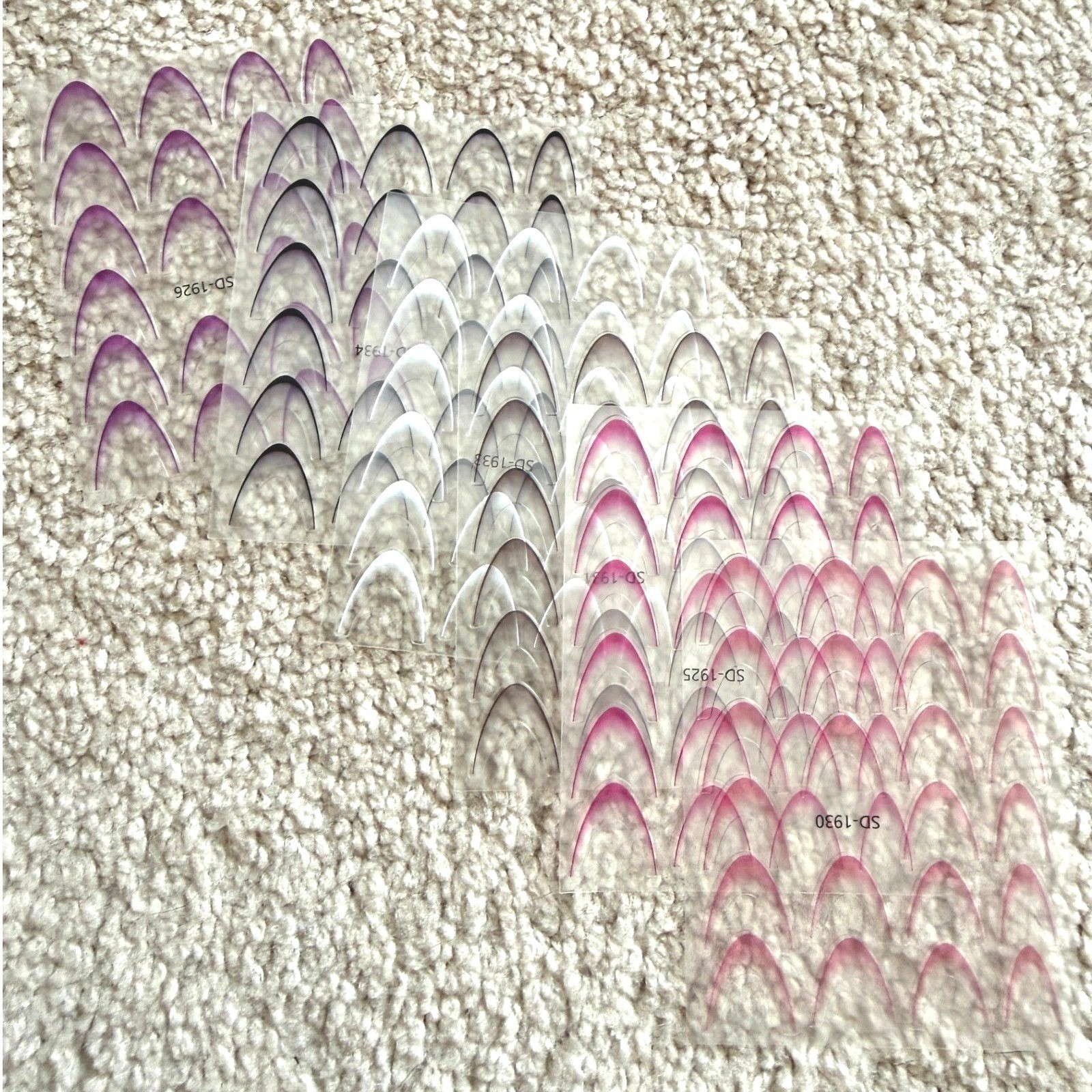 5D Nail Stickers Gradient Arched French Tip Decals Purple Pink White 6 Sheets