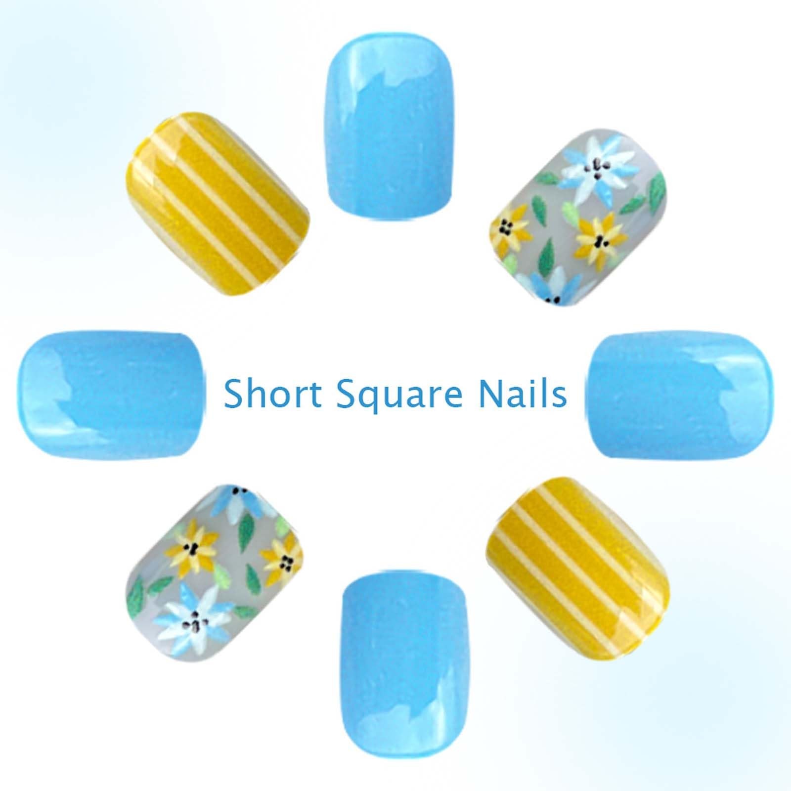 24Pcs Short Press on Nails Spring Blue Yellow Flower Fake Nails with Stripe S…