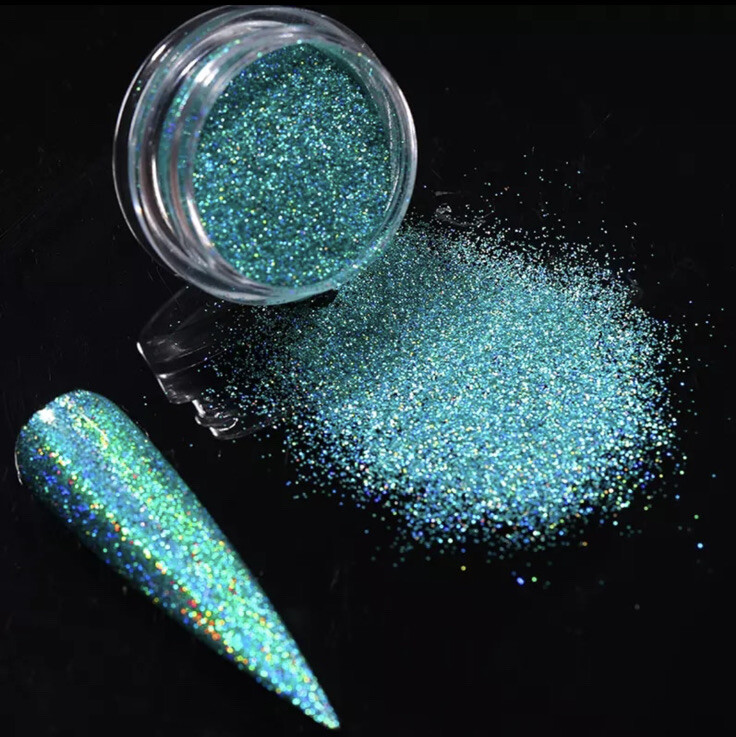 Turquoise Green Glitter Nail Powder Holographic Shimmer Chrome Sparkle Pigment