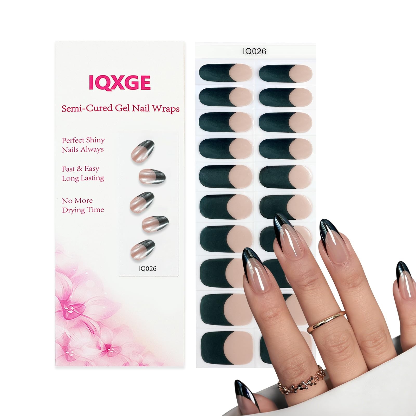 20Pcs Black Semi Cured Gel Nail Strips French Tip UV Nail Stickers