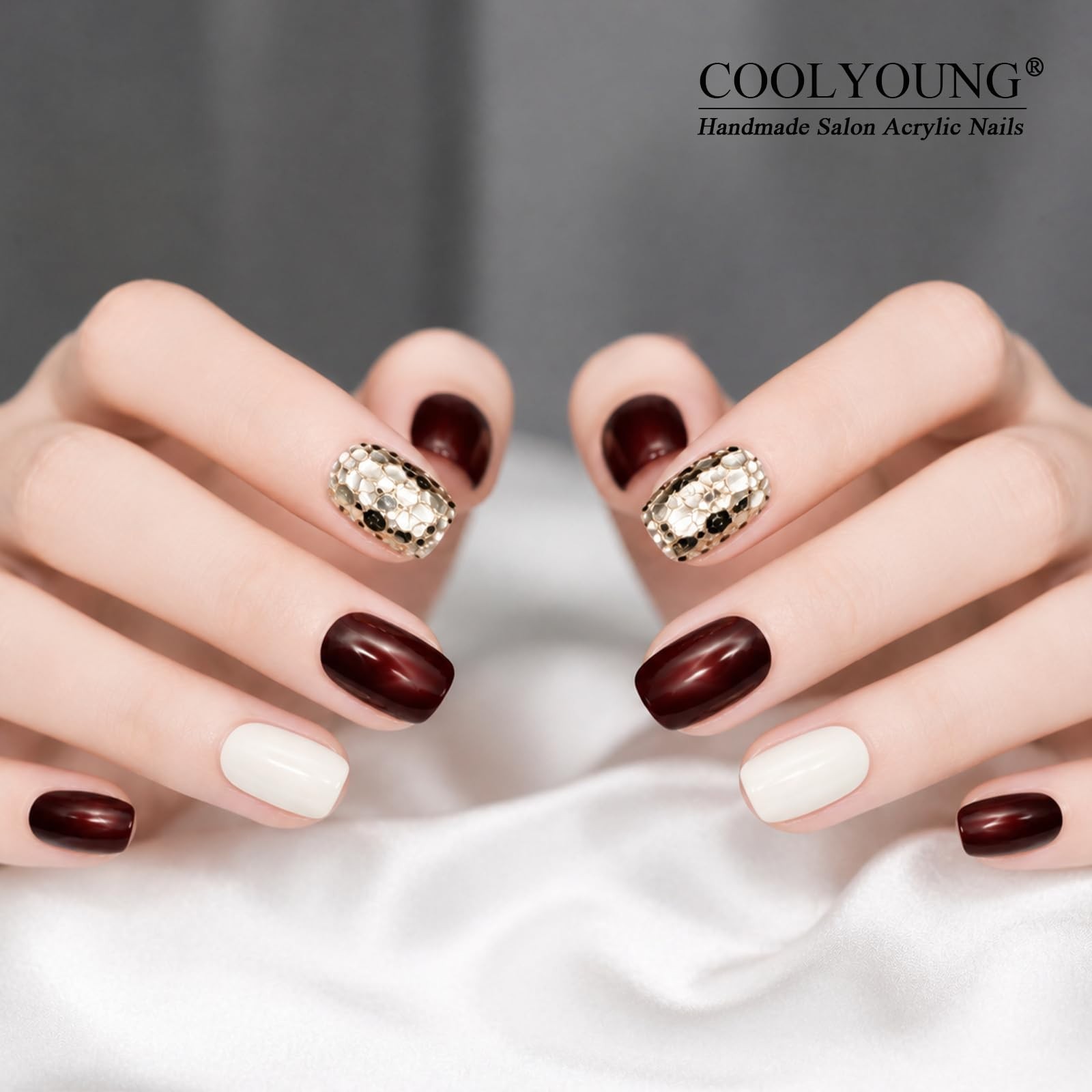 Red White Glitter Press On Nails – 25 PCS Short Square Acrylic Fake Nails for Wo
