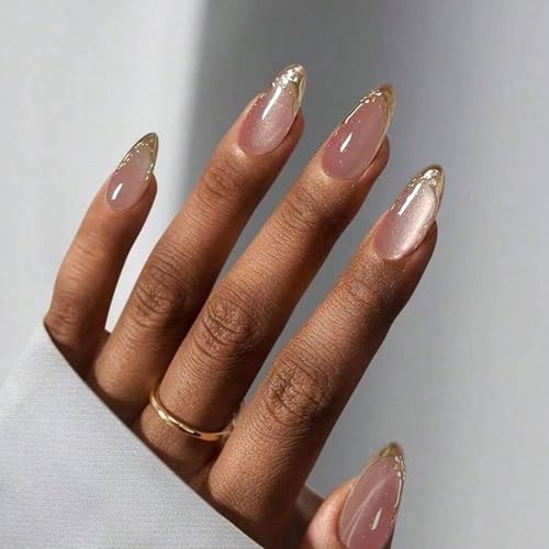 Pink Gold French Tip Press on Nails Almond Medium Acrylic Nails Press 04-Gold