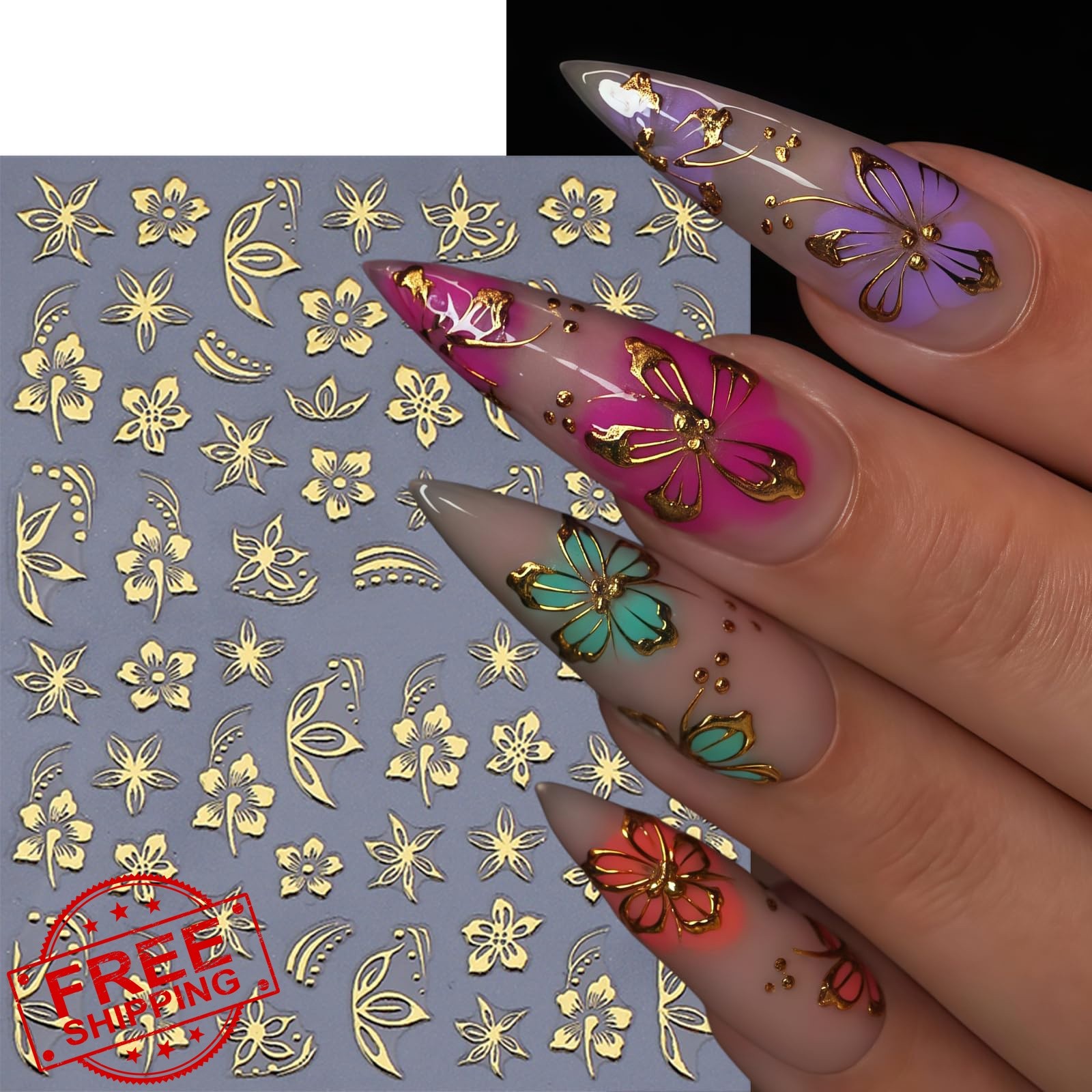 6 Sheets Flower Nail Stickers Hibiscus Nail Decals Gold Silver Black Hibiscus…