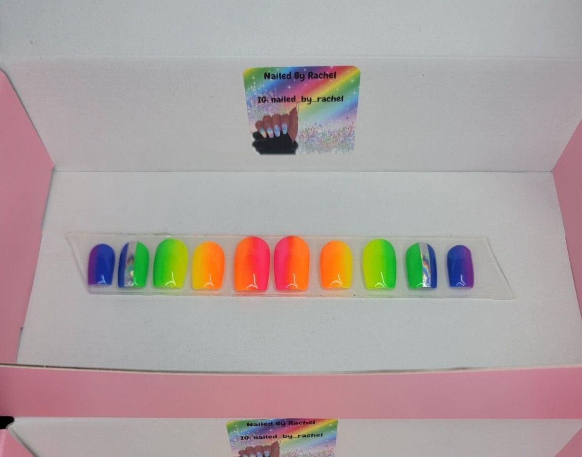 Neon Rainbow ombre nails Press On nails short square pride nails