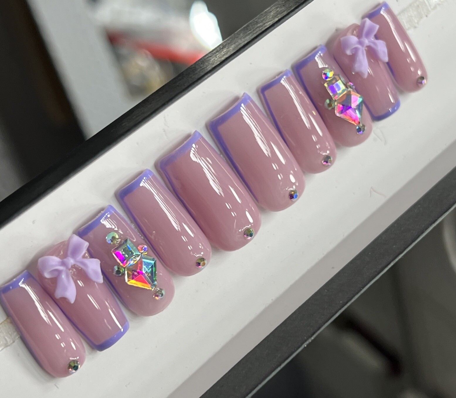 💜💎 CUSTOM Press On Nails FRENCH PURPLE BOW BLING Rhinestones 10p SET W Kit