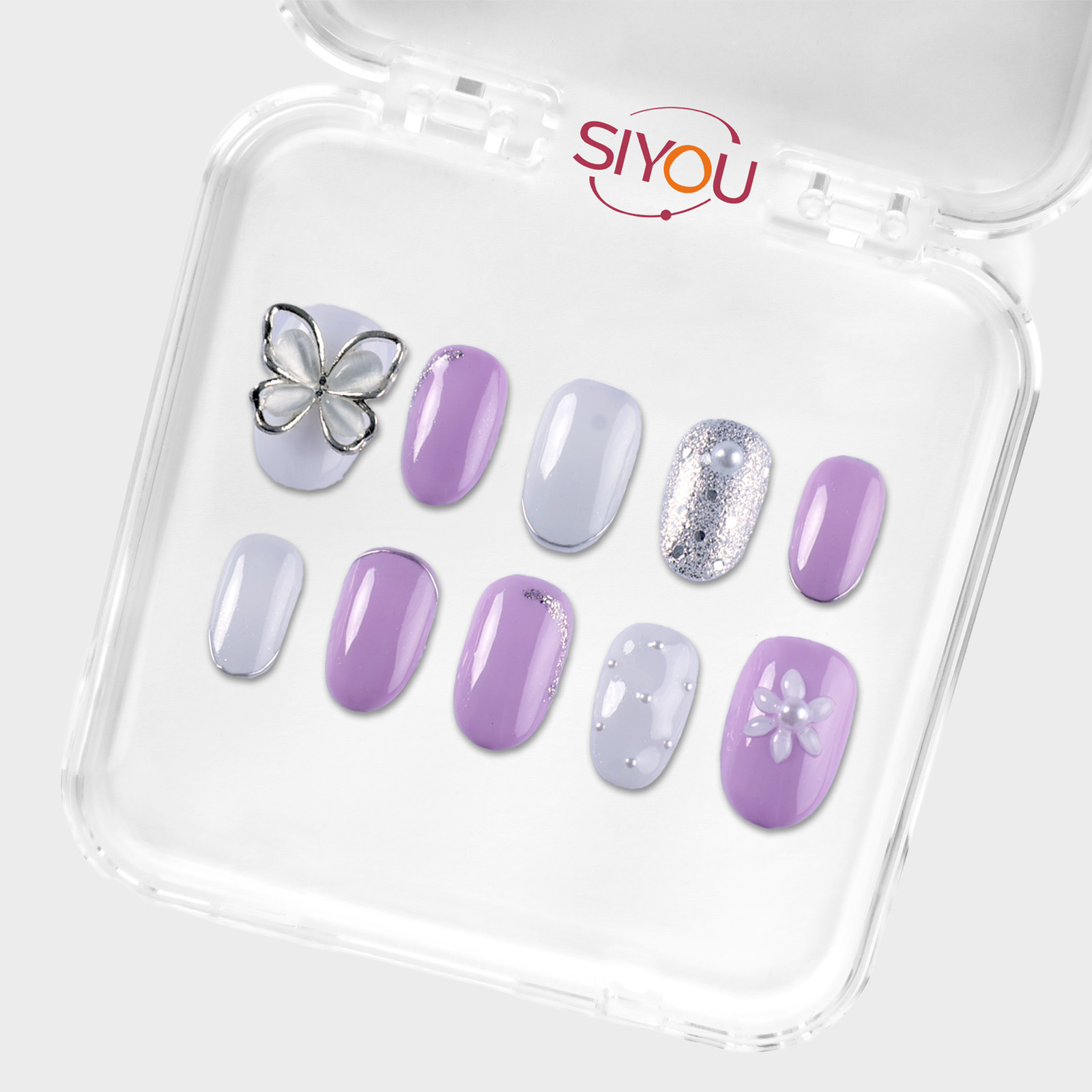 SIYOU Violet Butterfly Short Oval Glitter Pearl Press-On Nails 10pc