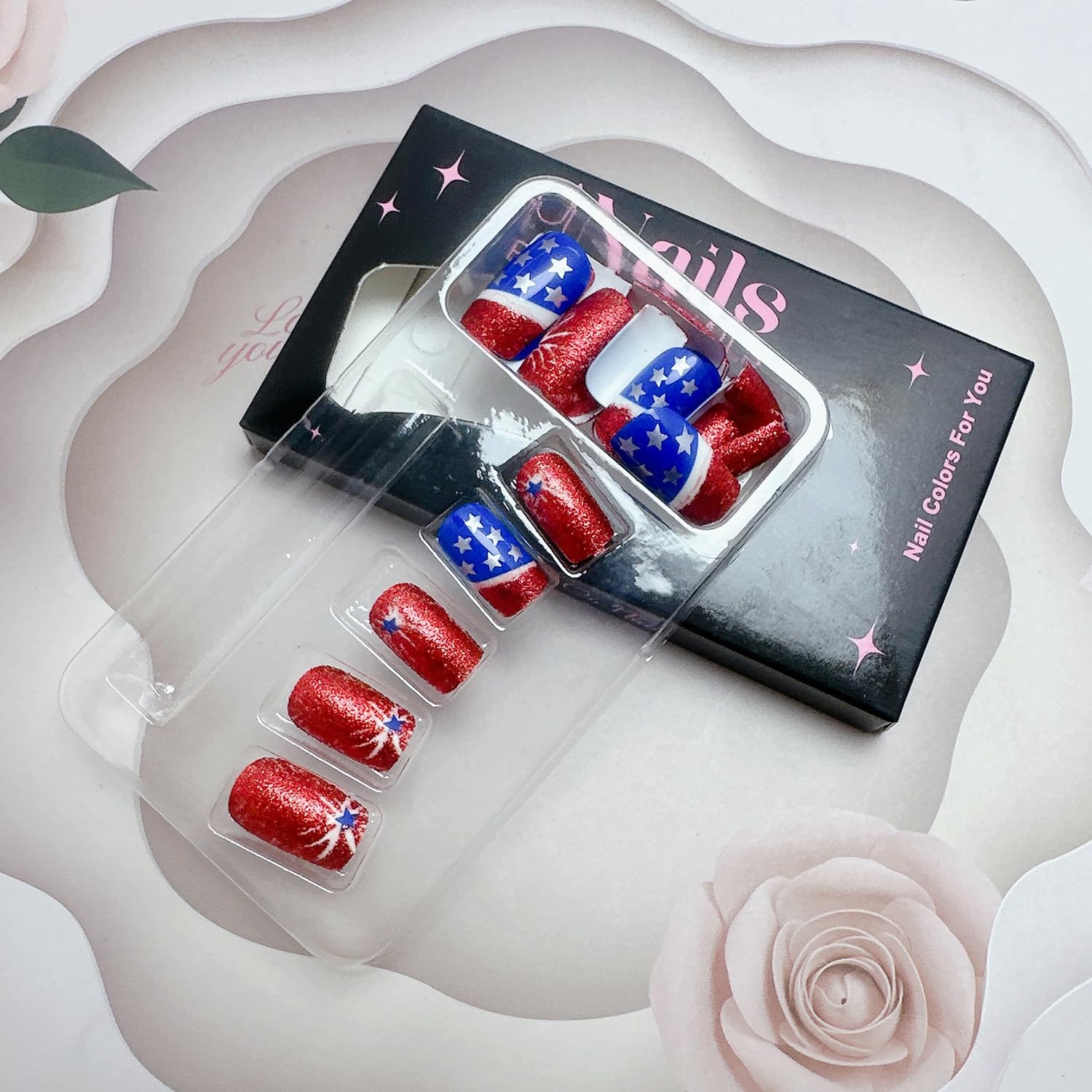 24pcs 4th of July Press on Nails Short Square Independence Day Fireworks Fake…