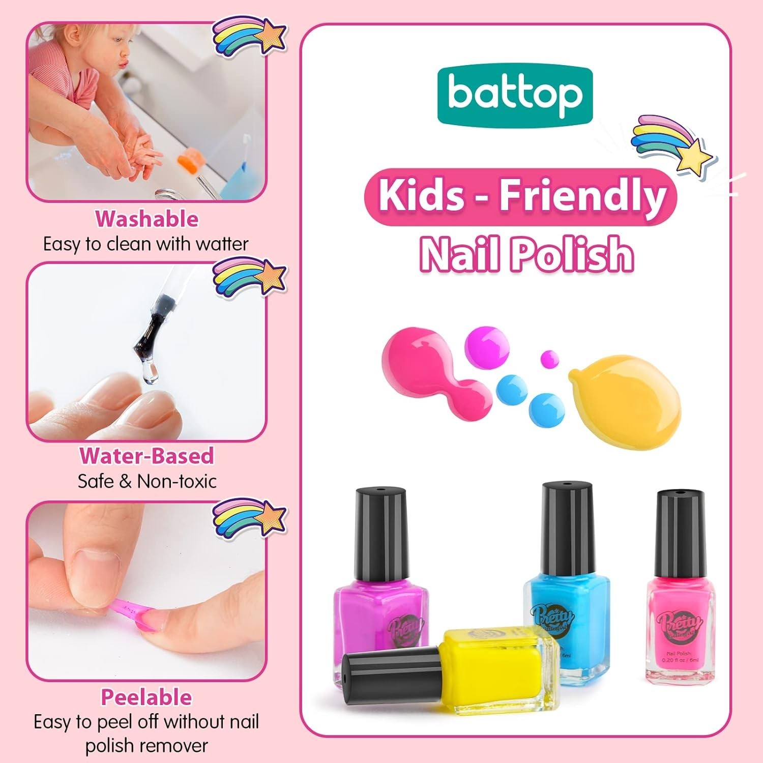 BATTOP Kids Nail Polish Set Nail Art Kit Dryer Glitter Gift Ages 6-12 Pink
