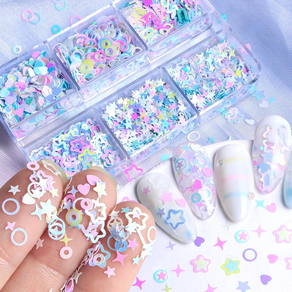 6 Grids Holographic Heart Star Circle Nail Art Sequins Glitter for Nails Nail…