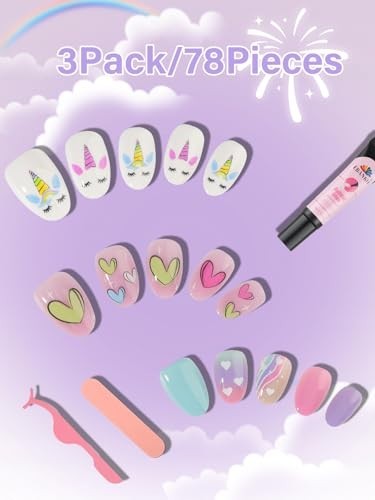78 Pcs Colorful Heart Press-On Nails for Kids 8-12, Fake Nail Kit with Adhesives