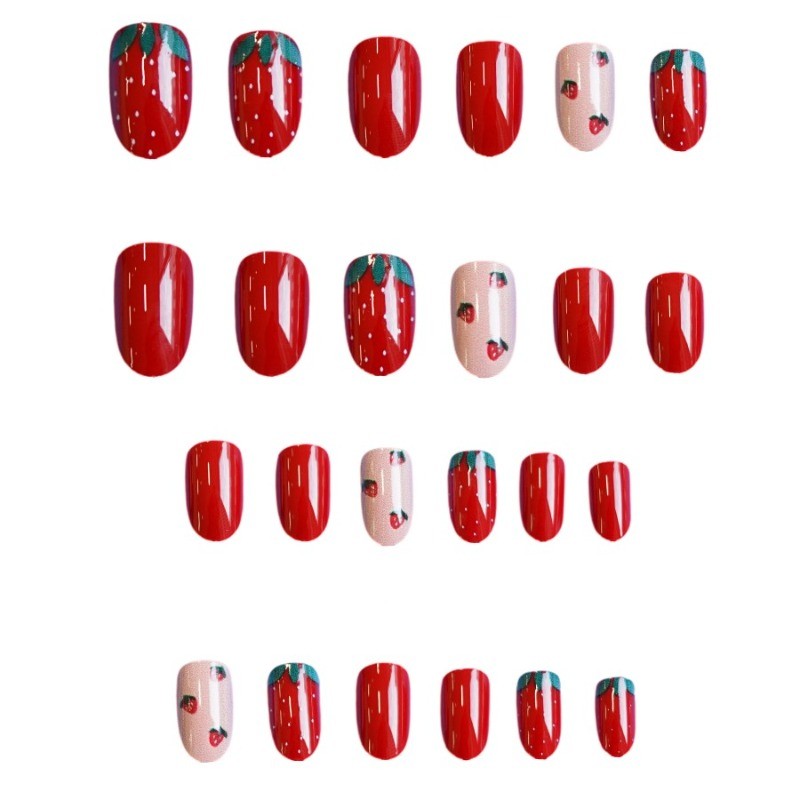 48 Cute Red and White Strawberry Nail Clippers Reusable Dotted Fake Nails