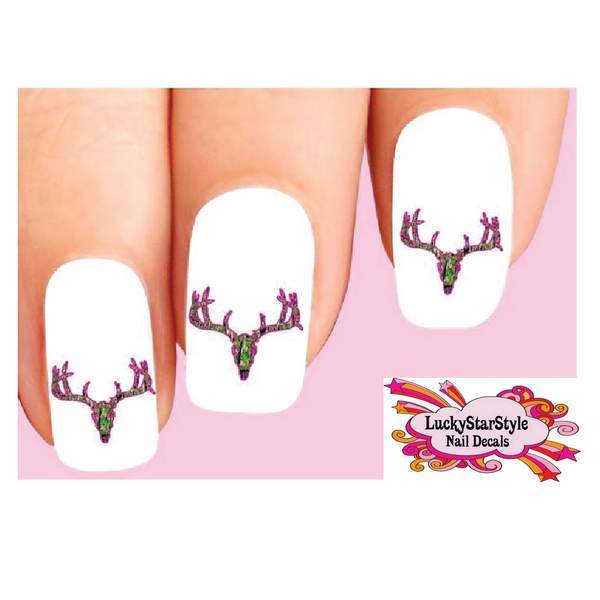 Waterslide Nail Decals Set of 20 – Deer Skull Pink & Green Camo Camouflage