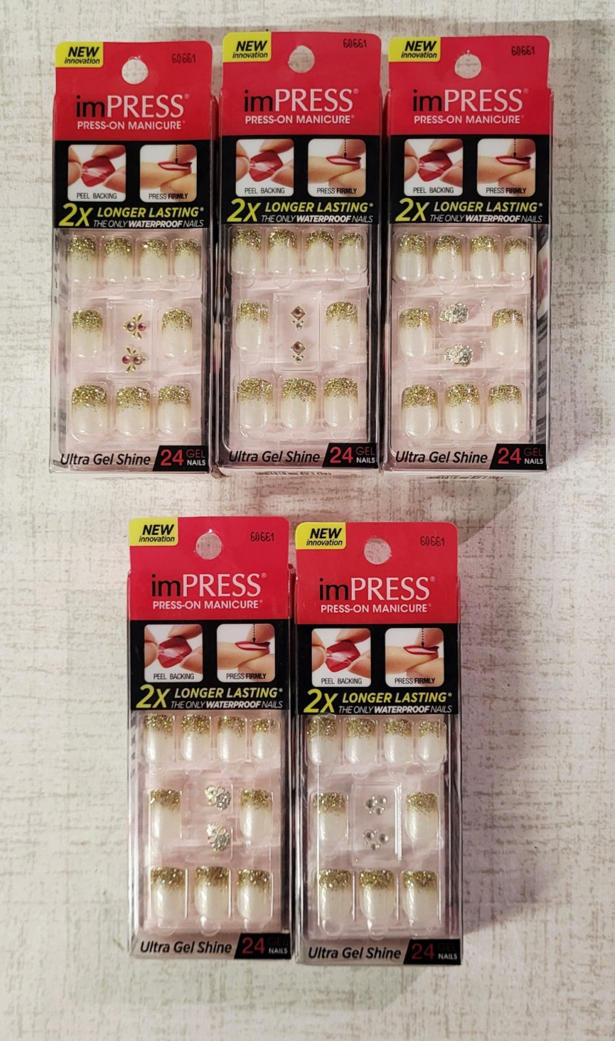 Kiss Impress Press-On Nails 24 Gel Nails Ultra Shine LIGHTEN UP – LOT OF 5