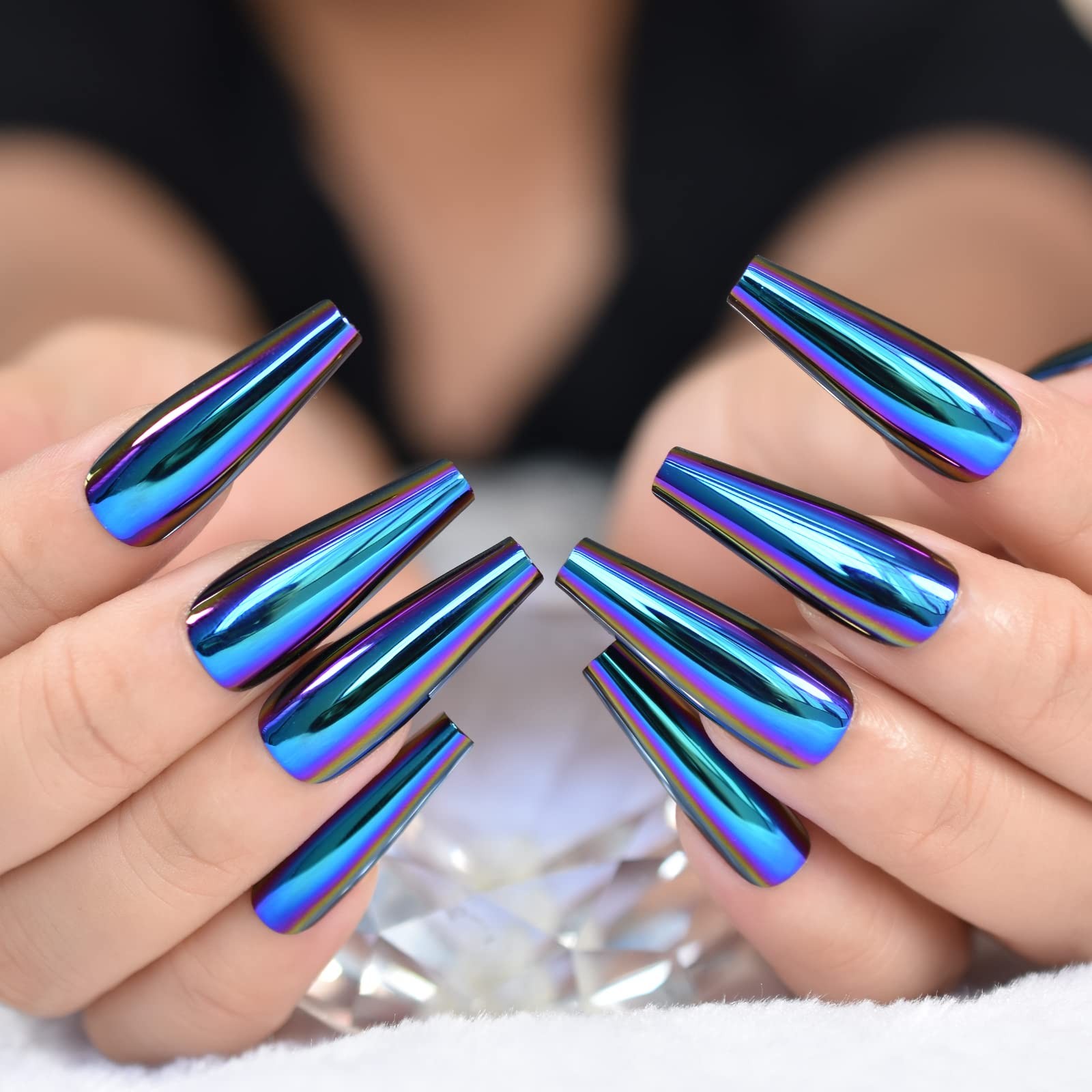 iMABC Press Metallic Mirror Holo Chrome Diamond Blue False Nails Extra Long C…