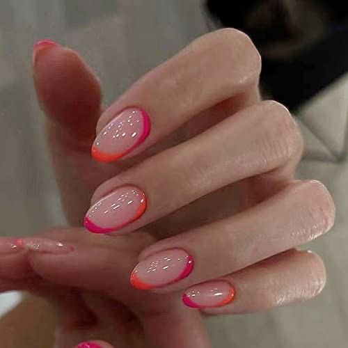 Oval Press on Nails Short French Fake Nails Glossy Nude Ombre False Clear,Pink