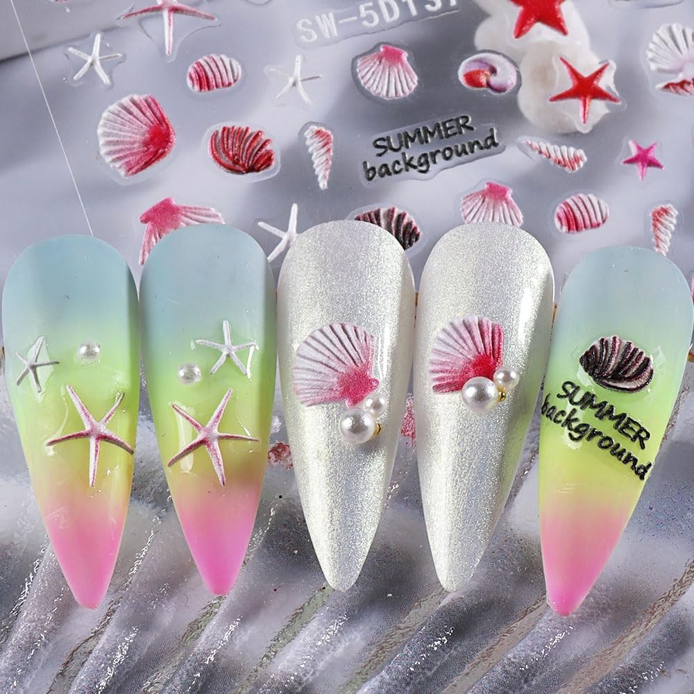 5D Embossed Ocean Nail Stickers – Summer Decals With Shell, Colorful