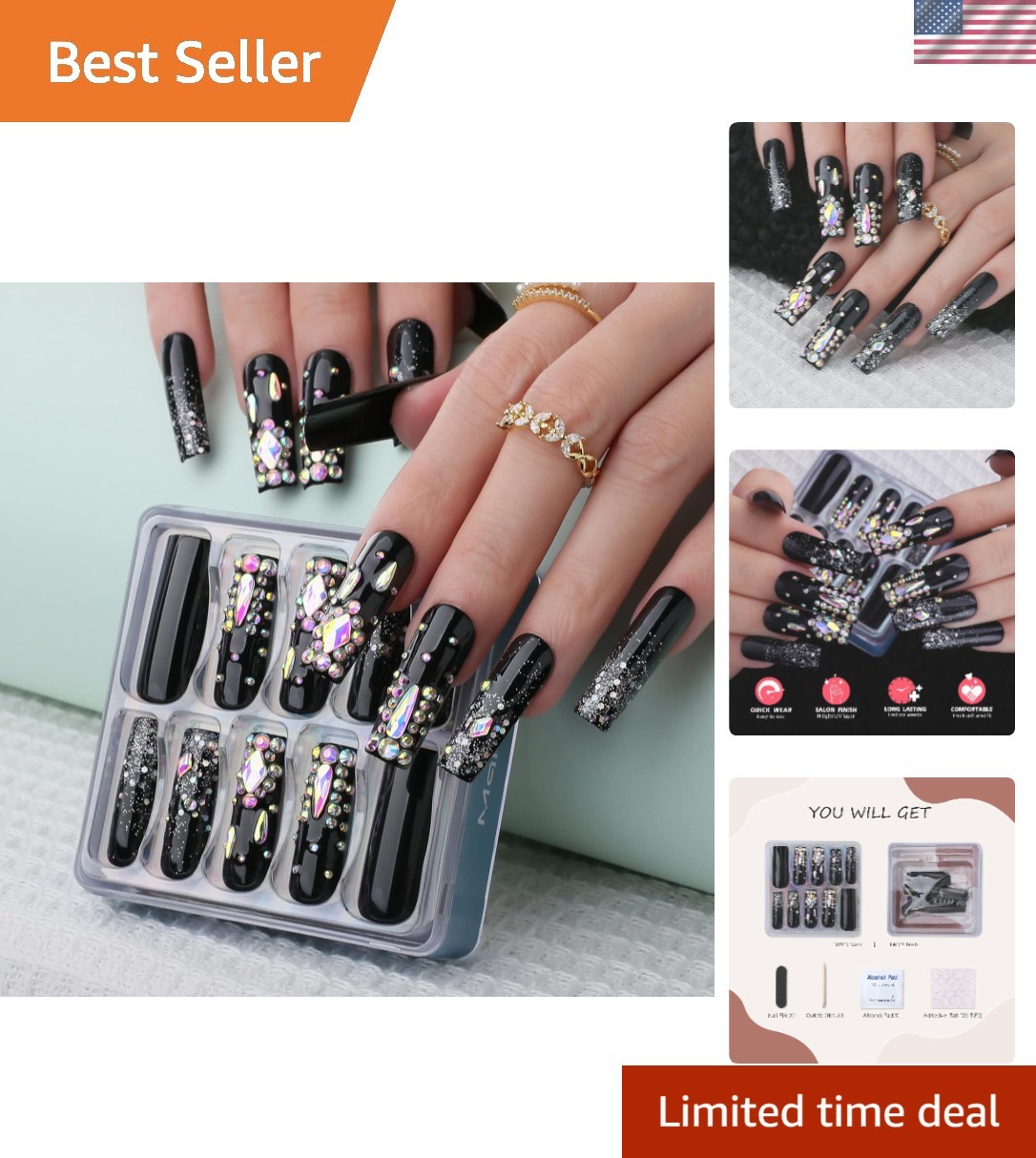 Comfortable Long Square Black Glitter Nails – Effortless Glam for Every Occasion