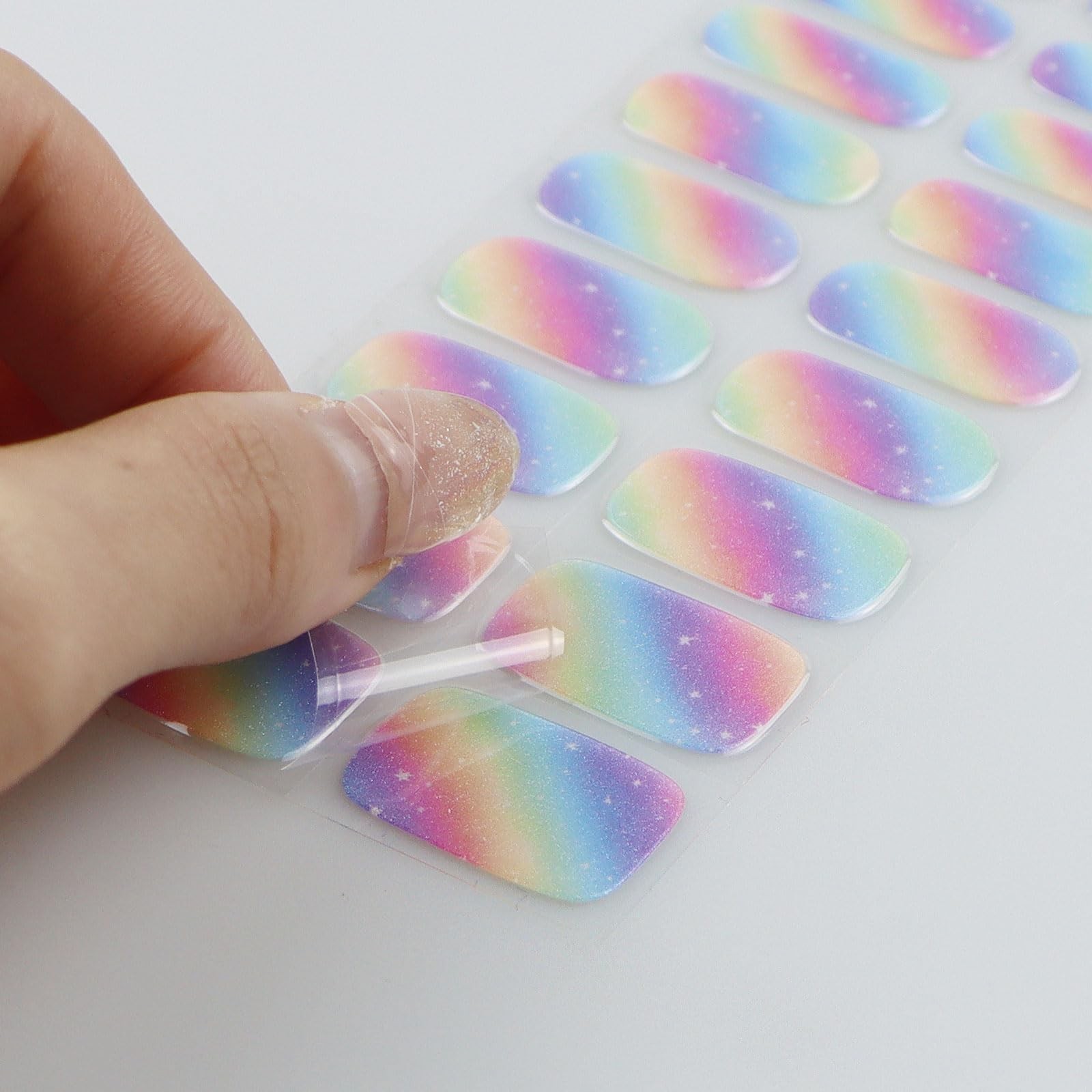 Gel Nail Stickers Rainbow Glitter Semi Cured Gel Nail Strips Wraps UV/LED
