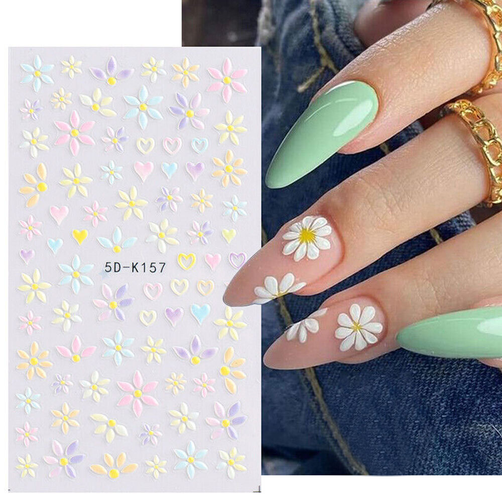 5D Nail Stickers Embossed Daisy Flower Bride Decals Nail Art Decoration DIY Chic