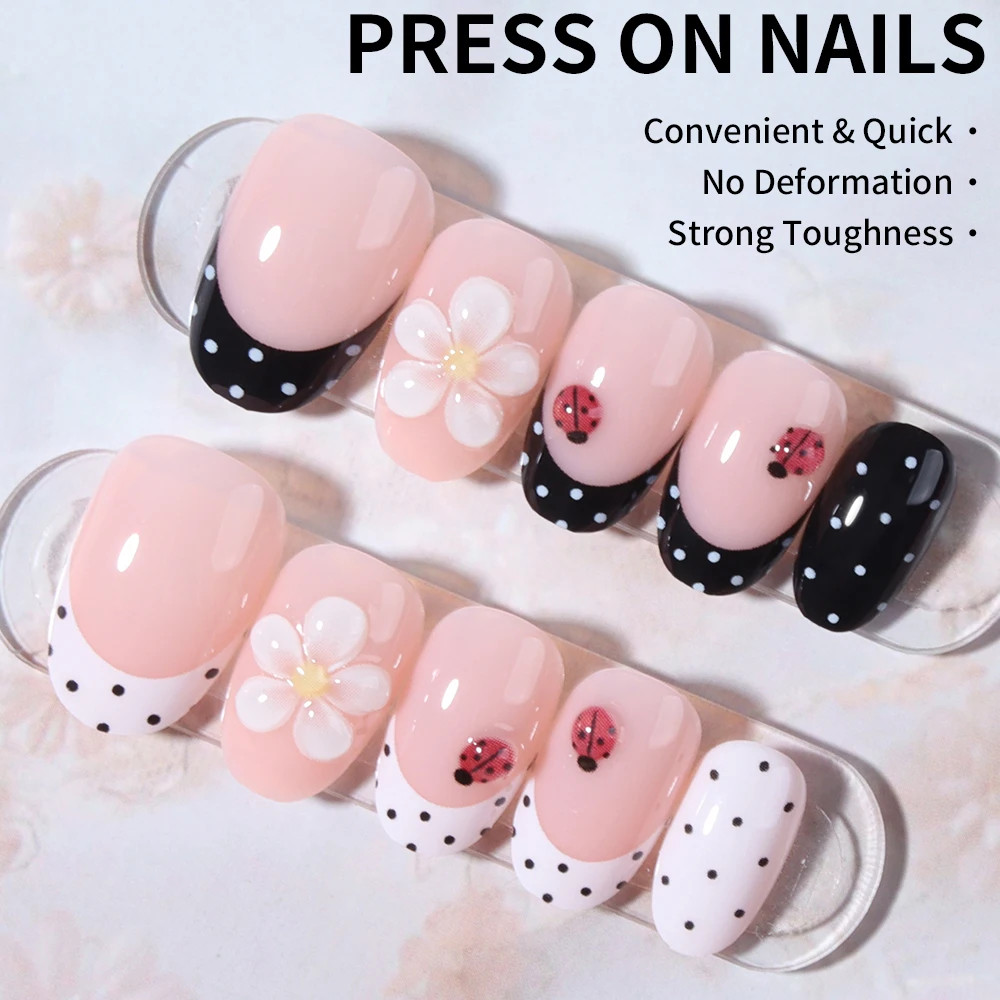 24Pcs Set French Tip Press On Nails Short Oval 3D Gel Flower Ladybug Polka Dot