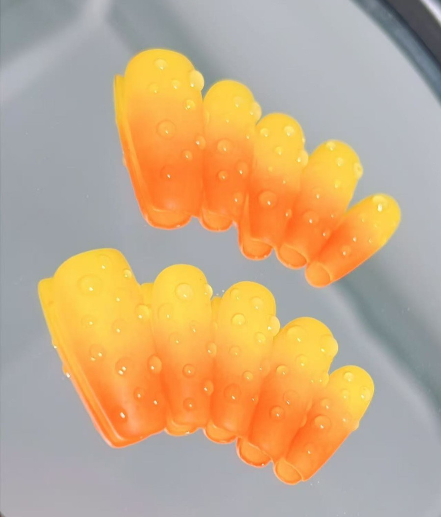 Vibrant Orange Gradient False Nails with 3D Bubble Design.Medium Coffin Size.