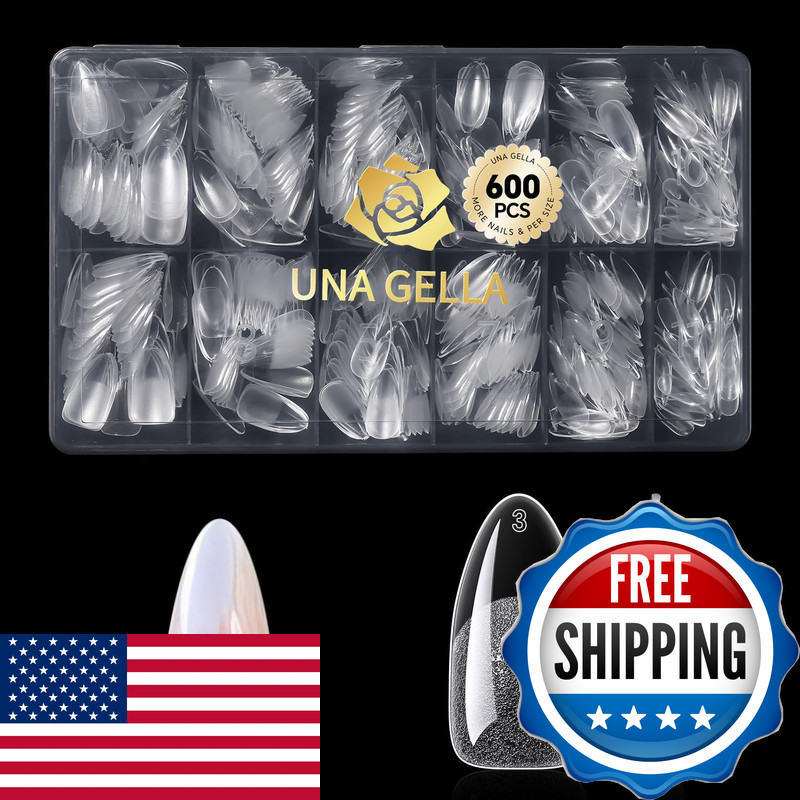 Una Gella 600 Pcs Almond Gel Nail Tips Pre Etched Medium Almond Nail Tips 12