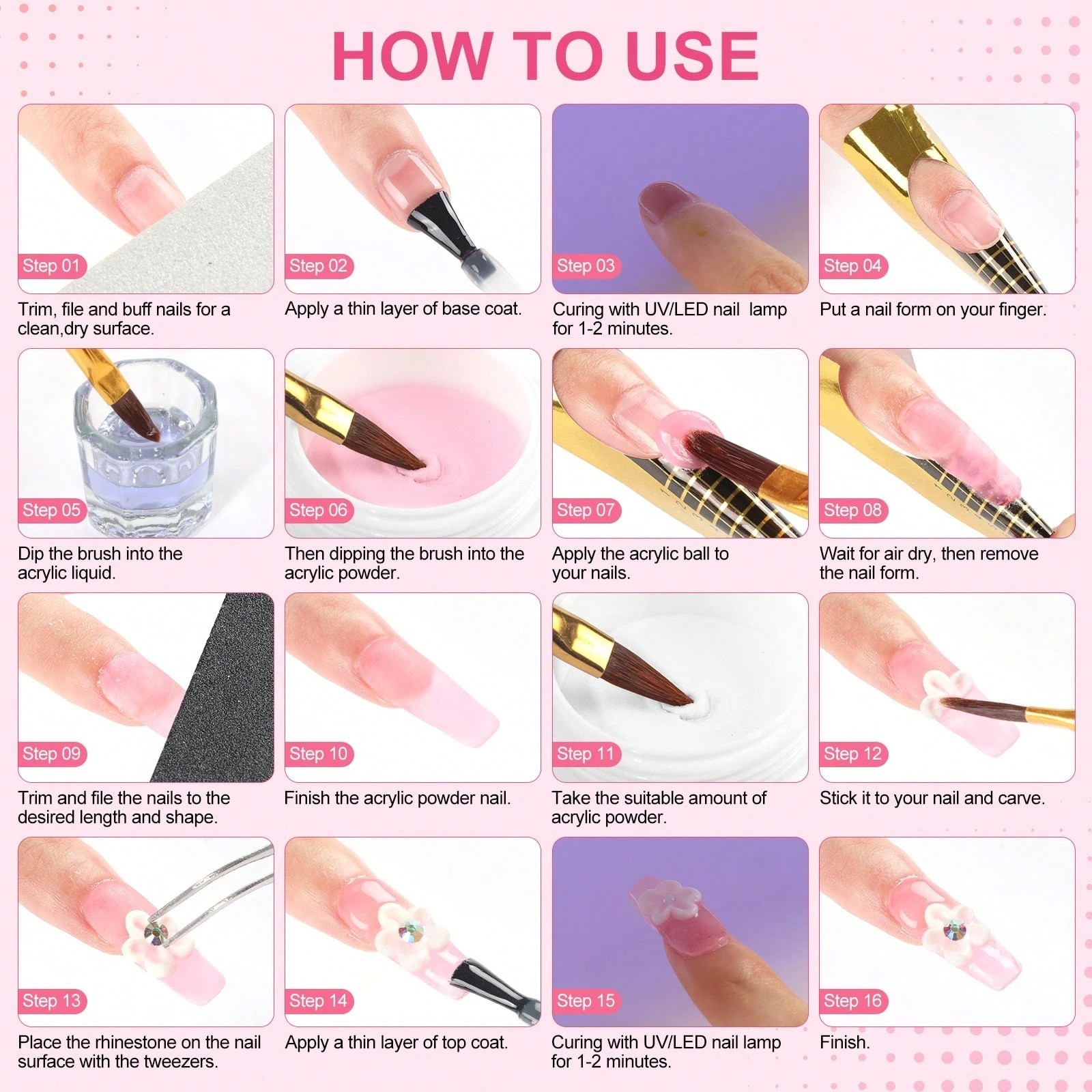 Acrylic Nail Kit with Drill UV Light 16 Colors Powder Beginner Set