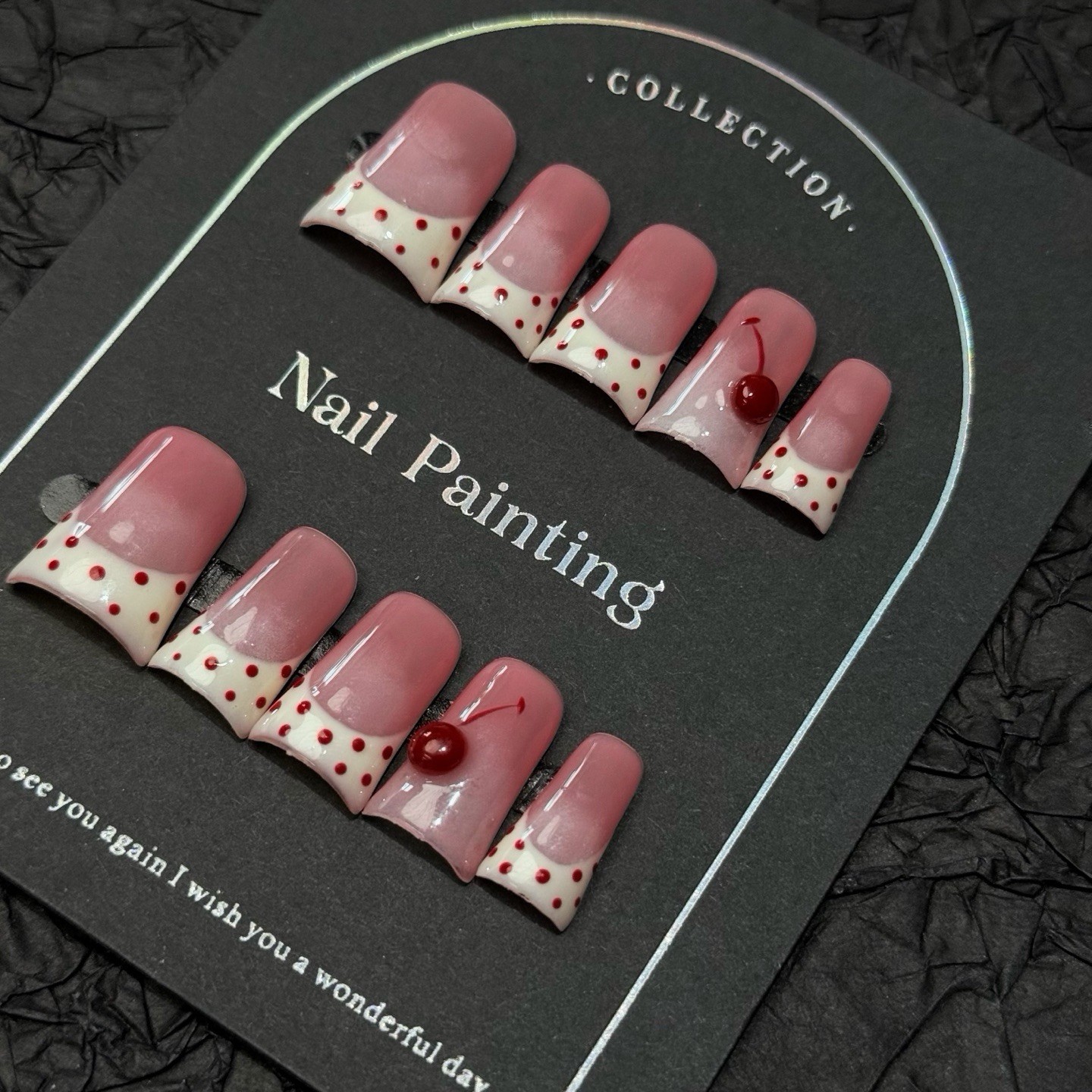 LumeE01, Cherry French Tip Duckbill Press On Nails, Gradient, Ombre, Handmade