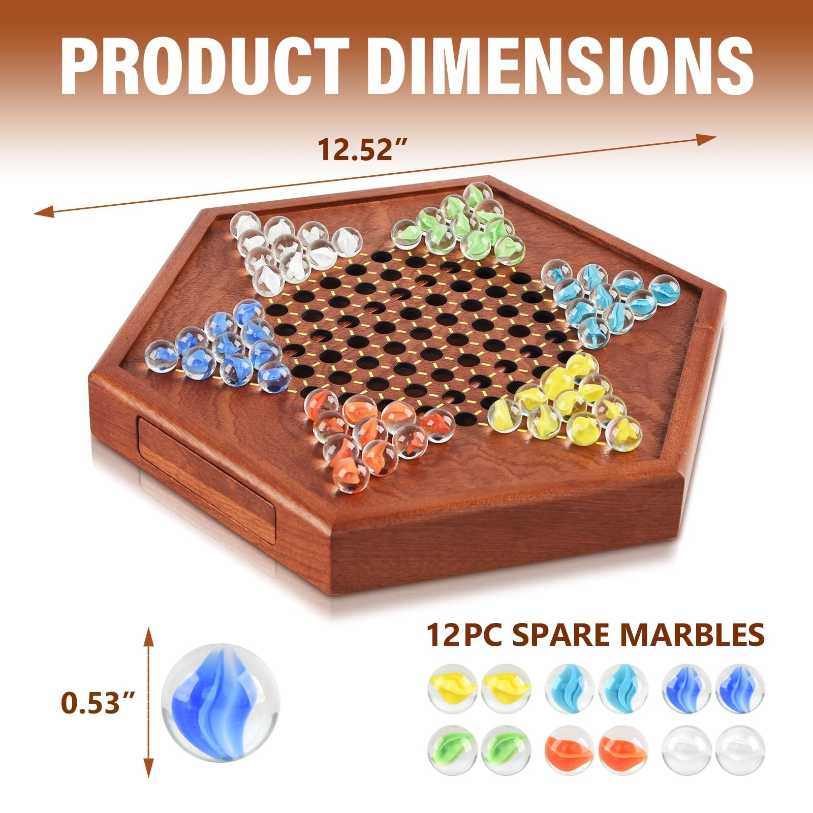 12.7 Inches Wooden Chinese Checkers x 11 x 1.6 inch, Glass Marbles