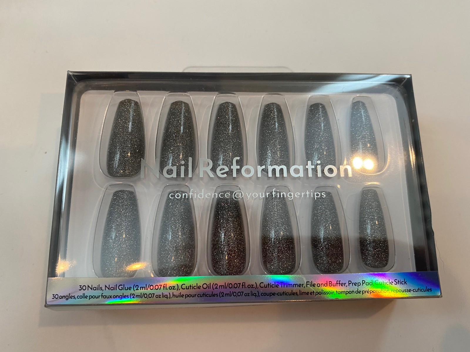 Nail Reformation Press On Nails Kit 30 Nails Long Coffin Silver Metallic Glitter