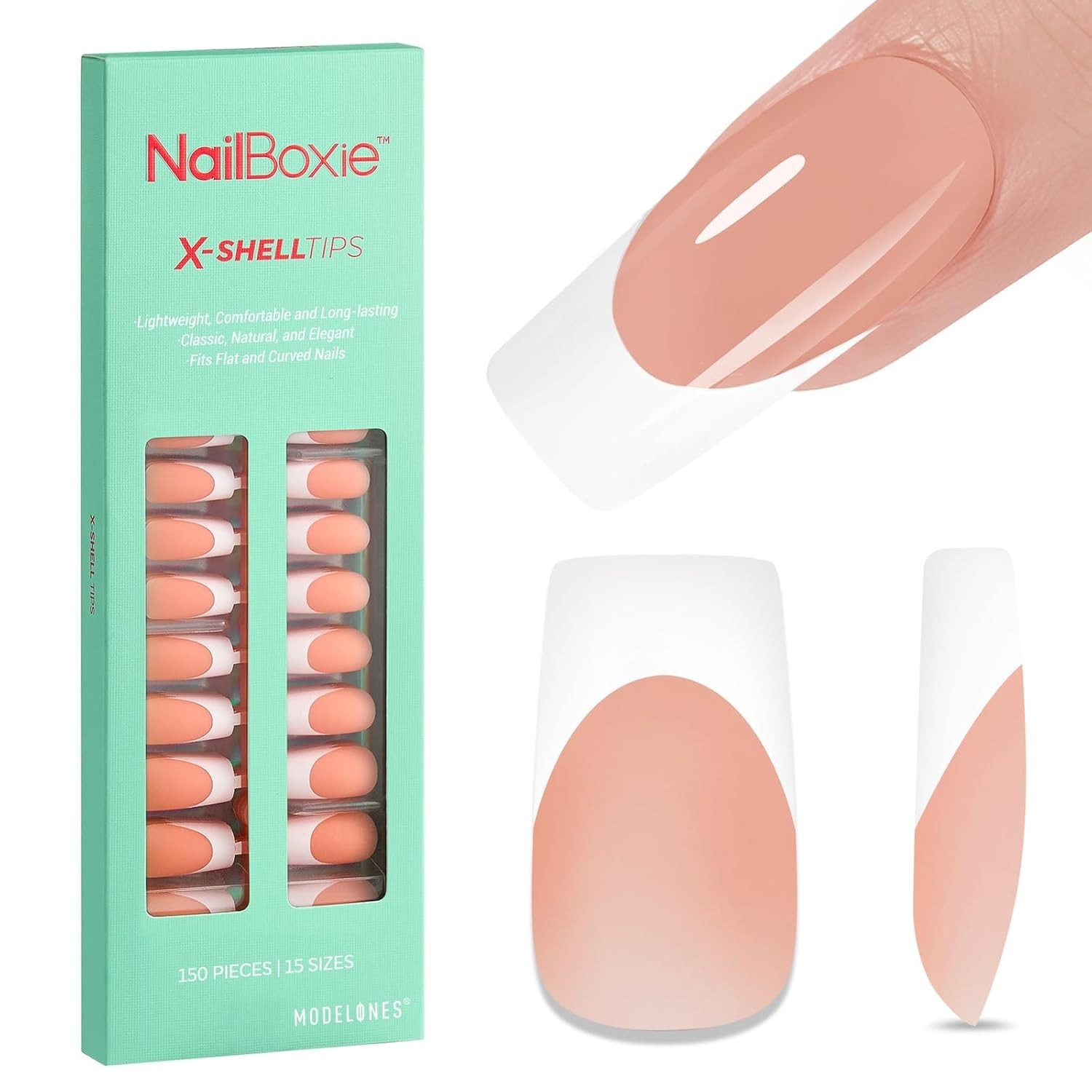 Modelones Nailboxie French Tip Press on Nails 300 Pieces – 15 Sizes Medium Nude