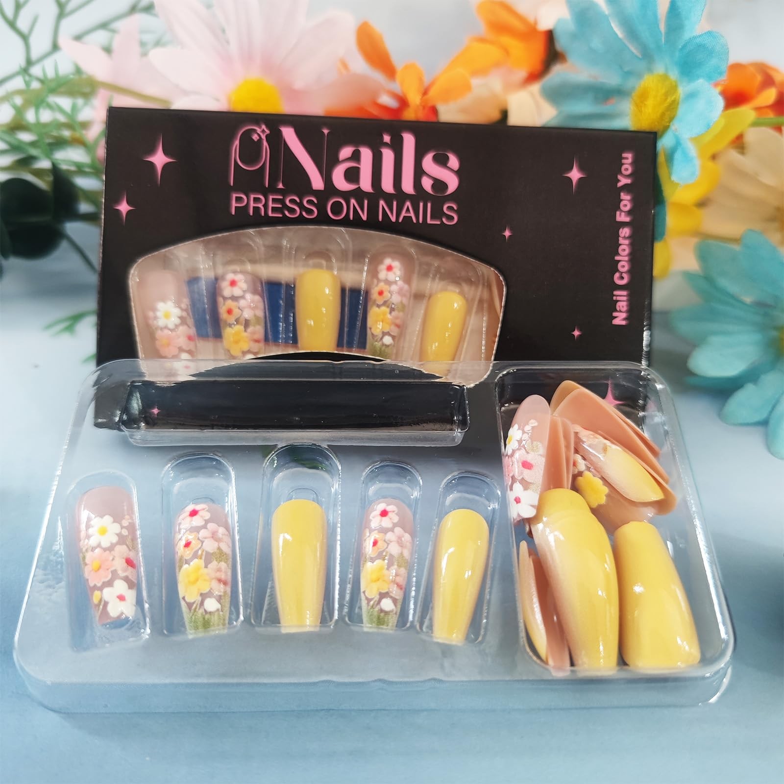 24Pcs Flower Press on Nails Wild Flower Acrylic Full Cover Fake Nails Yellow …