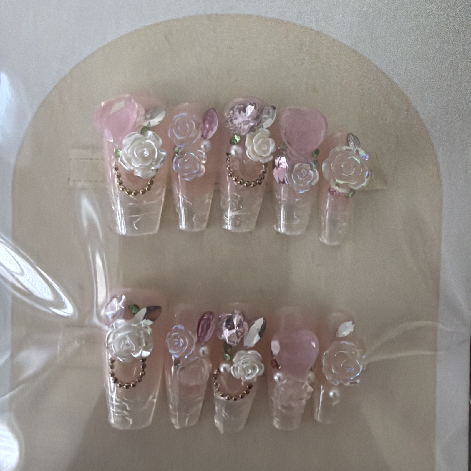 Luxury 3D Floral Press On Nails Pink Clear Rhinestone Rose Bling Handmade Sz Sm