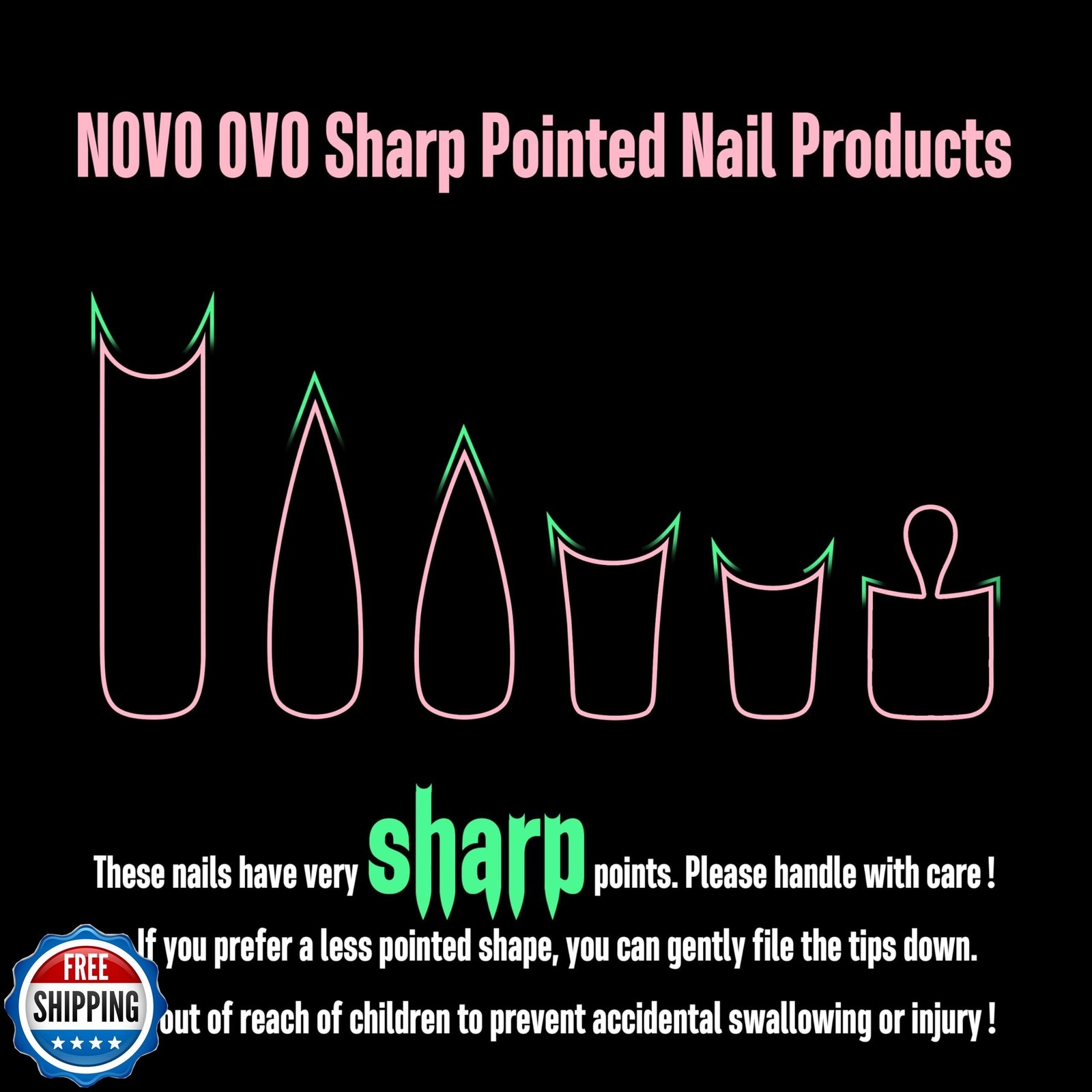 NOVO OVO Sharp Stiletto Pointed Medium Long Nail Tips Press on, E